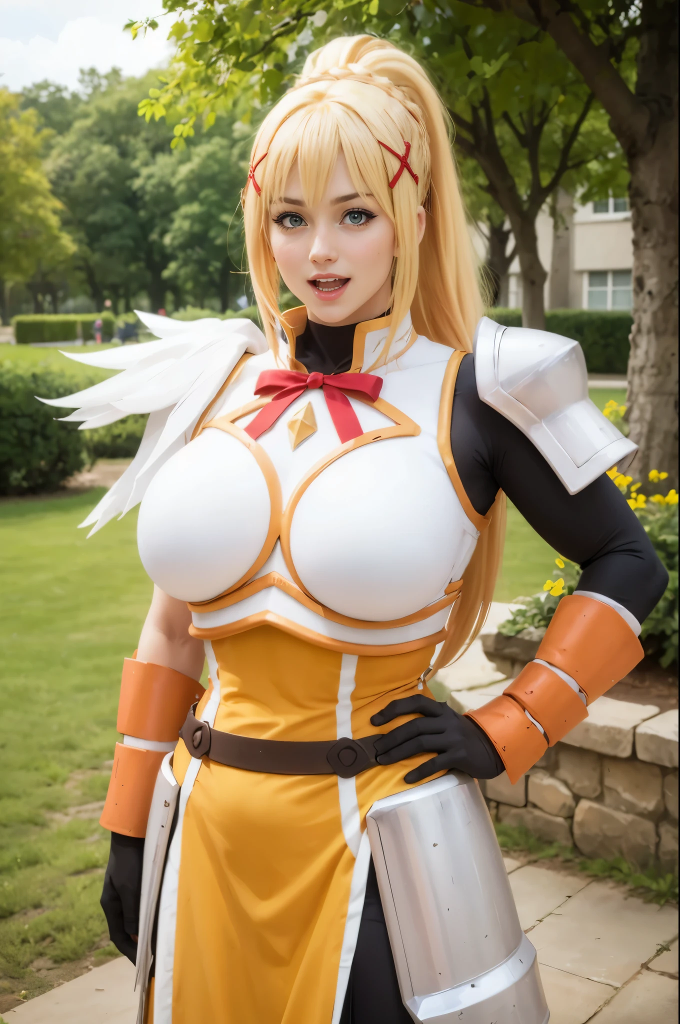 score_9, score_8_up, score_7_up, score_6_up, score_5_up, score_4_up, source_photo,cosplay, milf,aadarkness, long hair, blonde hair, braid, ponytail, x hair ornament, blue eyes, huge breasts,muscular?,beautiful face,red ribbon, shoulder armor, breastplate, armored dress, yellow dress, wrist guards, black gloves, standing, cowboy shot, outdoors, park, blush, wavy mouth, open mouth, hands on hip, smile,
