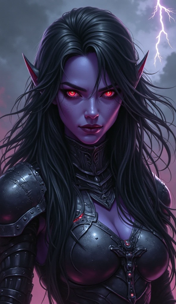 Fazer imagem de uma personagem tiefling feiticeira de d&d, purple skin, with a scar on her face, long black hair, fire colored eyes, infernal aura and super scary appearance with a single delicate silver necklace with a very small, slightly pink pearl inside the necklace, leather dress like armor up to the shoulders completely closed