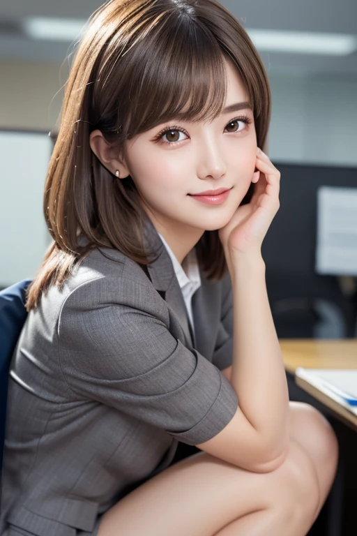 (RAW, best quality, masterpiece:1.5), (photo realistic, intricate details:1.2), ultra highres, absurdres,
1girl, beautiful face, blue eyes, green eyes, detalied eyes, symmetric eyes, light on face, nose blush, short hair, hair bun, black hair tie, 
clk, vest, suit, pencil miniskirt, white shirt, silk scarf, black pantyhose, [:20d, :0.8],
smile, small dimples, sexually suggestive, 
medium breasts, slim waist, slim legs, long legs,
sitting on chair in front of desk, perfect body, good proportions,
looking at viewer, 
(office, indoor, hyper detailed background:1.2), japan, copy machine, file cabinet, computer, monitor,
shiny skin, real skin texture, 
natural lighting, best lighting, detailed background, detailed shadow, sharp focus, depth of field f/2,
saturated, high contrast, strong light and shadow