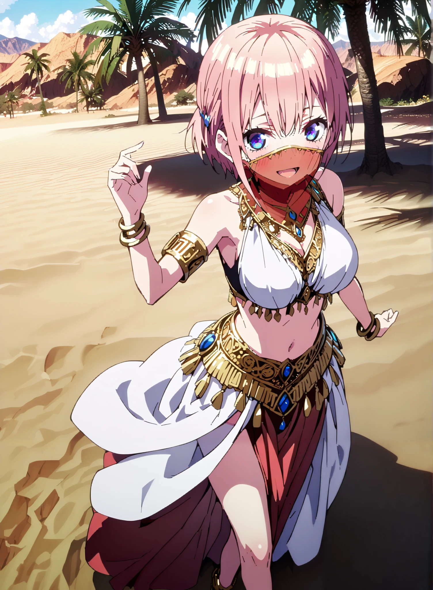 score_9, score_8_up, score_7_up, source_anime, Nakano Ichika, short hair, Alone,bangs, blue eyes, o, pink hair near MM, smile,blush,open your mouth,half updo,Big Breasts,Chest Valley,Arabian clothing, dancer , mouth Veil, belly Dancing, Veil, armlet, Bare legs,is standing,palm tree,full bodyがillustrationsに入るように,break outdoors, desert, oasis,
break looking at viewer,full body,
break (masterpiece:1.2), Best Quality, High Resolution, Unity 8K Wallpaper , (illustrations:0.8), (Beautiful Detailed Eyes:1.6), very detailed face, perfect lighting, highly detailed CG, (perfect hands, perfect anatomy),