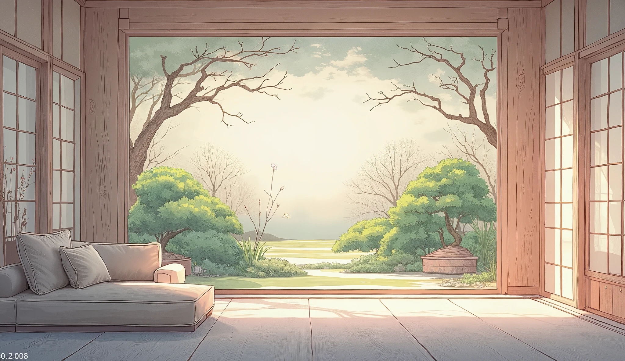illustration in soft colors predominating , minimalism of a Japanese style living room with window to see the minimalist Japanese garden with bonsai trees, the stage evokes energy and elegance