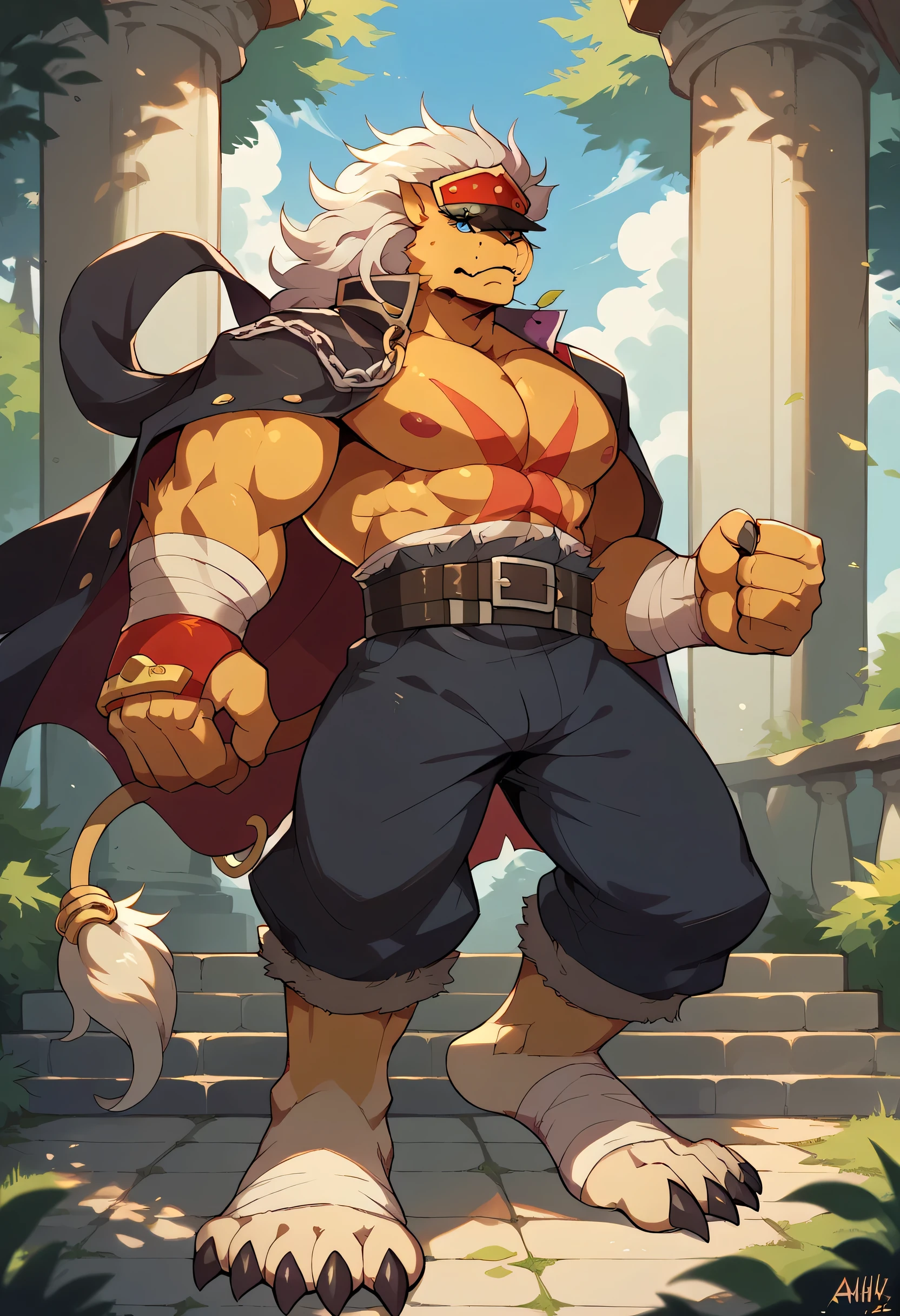 Score_9, Score_8_up, Score_7_up, Score_6_up, Source code_furry, alone, Degree,biceps , digimon (biology), close up, portrait,full body,lion feet,pectorals,blue eyes