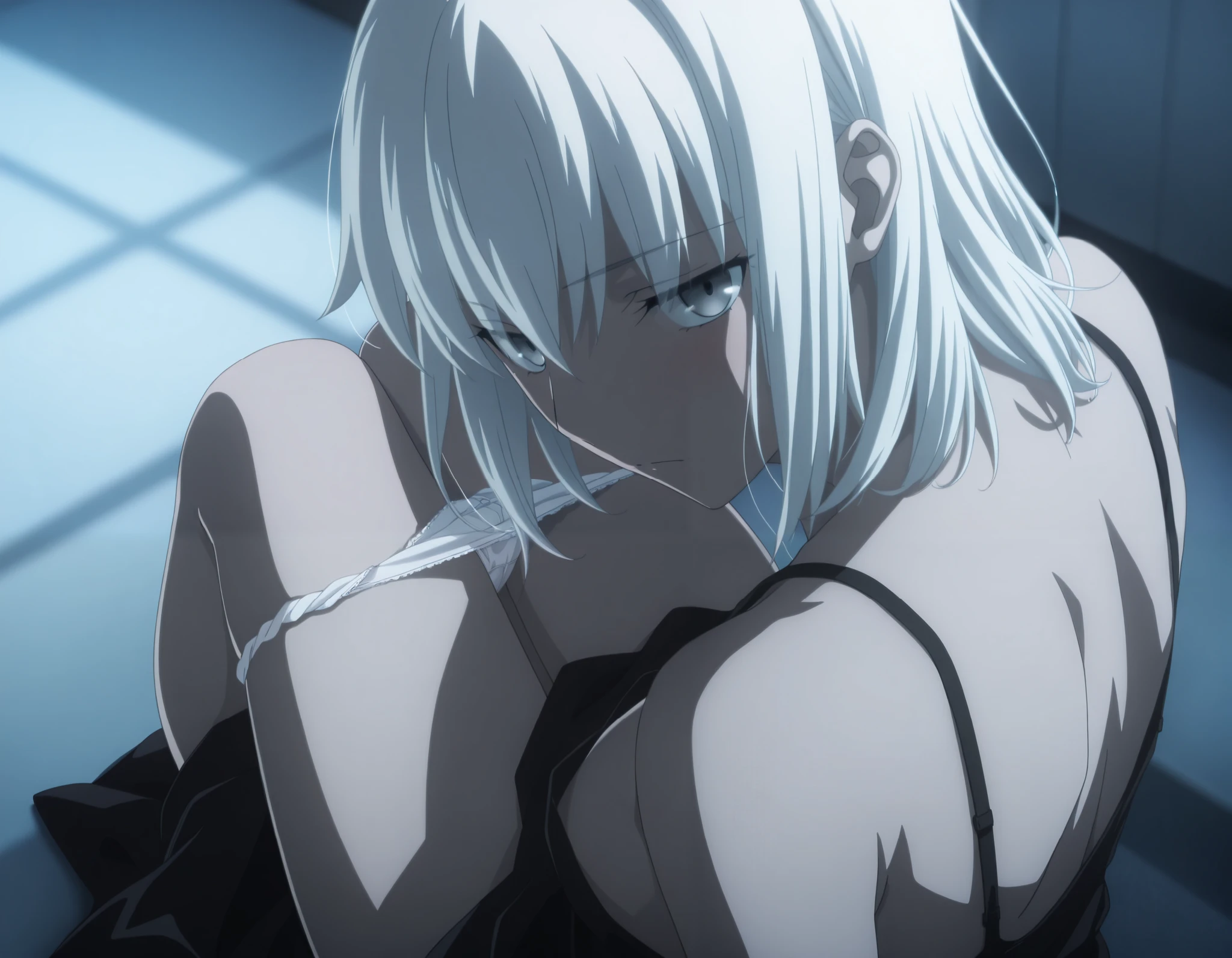 masterpiece, best quality, amazing quality, highres, absurdres, very aesthetic, high resolution, ultra detailed, perfect details, midnight, , indoors, ufotable style, (from above, from back), blue hour,
1girl, ufotable style, anime style, (anime coloring:1.5), (anime screencap:1.2) ,(aged up),
girl, mature, slim body, slender body, ,Fate Grand Order, fate, Fate Grand Order, medium hair, gray eyes, half eyes closed, white hair, pale skin, (straight hair), fetal position, sitting, , (knees to chest),
(show off nipple), camisole pull, white satin panties, (undress black skirt pull), small breast, (looking at viewer), expressionless, (embarrassed),