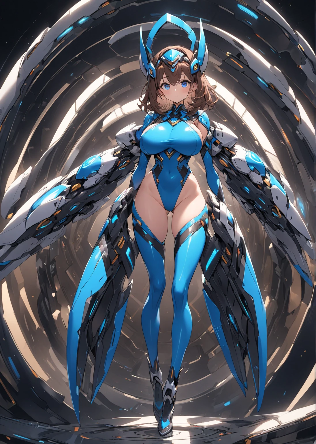 Black Hair、Emerald color in some hair、Medium Hair、Blue Eyes、Robot Girl、Arms are mechanical、Legs are mechanical、Modest chest、The mechanical wings are floating、Cute smile、Human-like appearance、Extremely exposed、Exposed body parts other than nipples and female genitalia、The body line is clear、A place rich in nature、Looking this way。