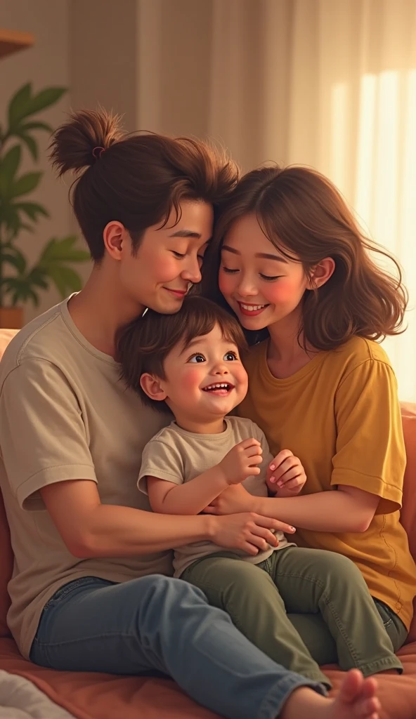 A 2 son stands with his hand on his father and mather shoulder image
