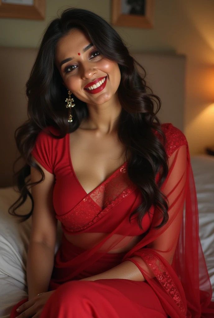 A beautiful gorgeous plump Indian 45-year-old woman wearing a Red thin bra and red sheer net saree , long hair, huge breasts, hot body curves, smiley face, white skin, laying on bed with rose petals with 21 years old handsome man