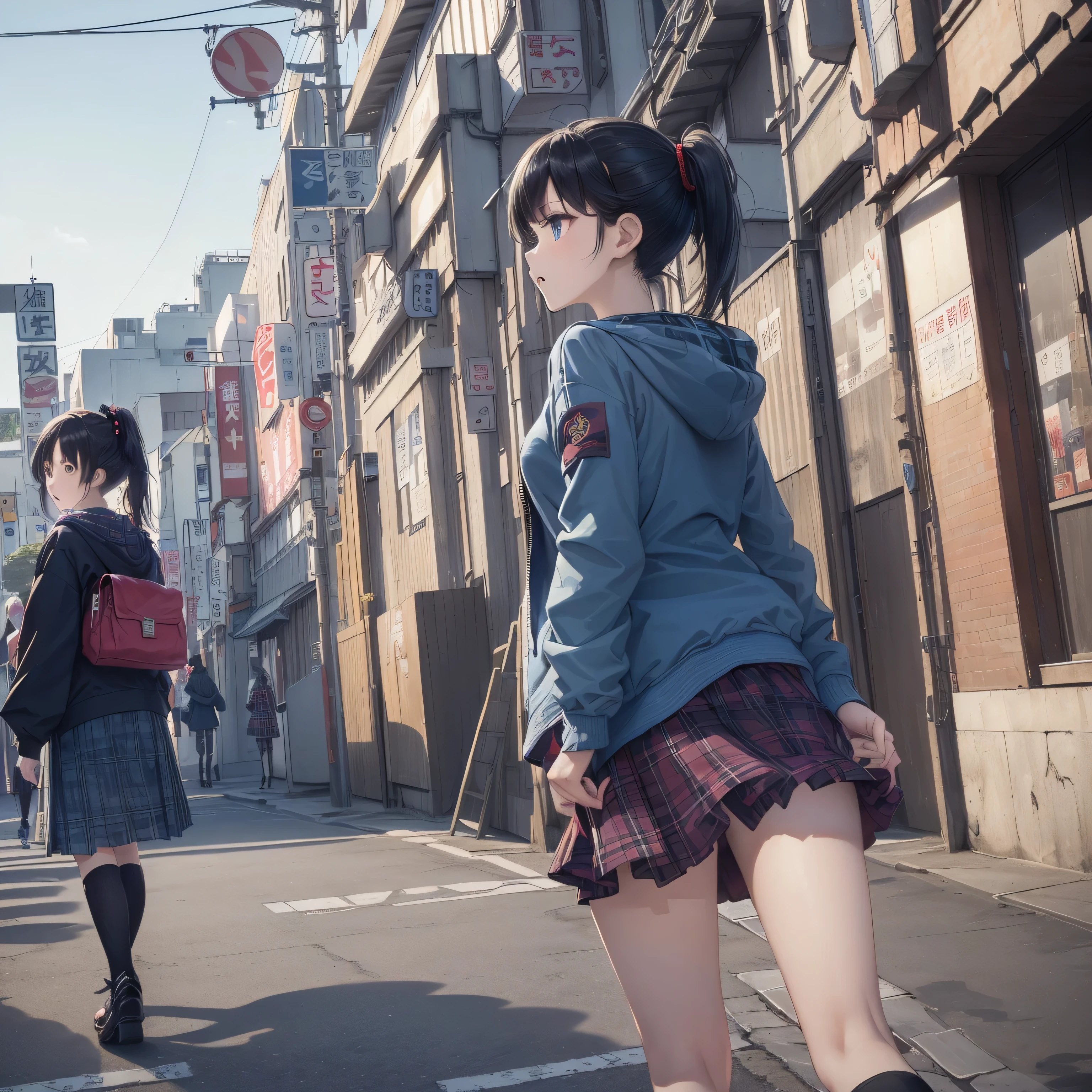 Anime girl in a short skirt and jacket walking down a street - SeaArt AI