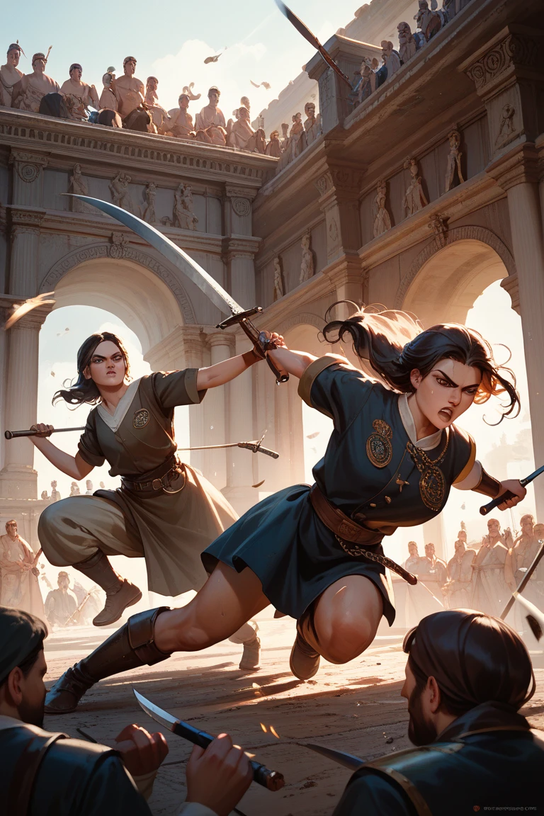 (((masterpiece))), (((best quality))), ((ultra-detailed)), (illustration), (an extremely delicate and beautiful), 1 girl, Colosseum, Sword slave, slave, (fight:1.4), Hemp clothing, blood, (torn clothes:1.1), holding giant sword,