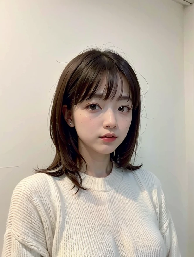 (very realistic pictures, High resolution, detailed face, fine eyes), ((Taken in front of a white wall))、japanese woman, 40 years old, various expressions, alone:1, slim body shape, various hairstyles, casual clothes, Only one person is in the photo、long sleeve dress、Photographed in natural light、simple necklace、spring clothes、Don&#39;don&#39;t look at the camera、profile、pink brown hair color、bob hair