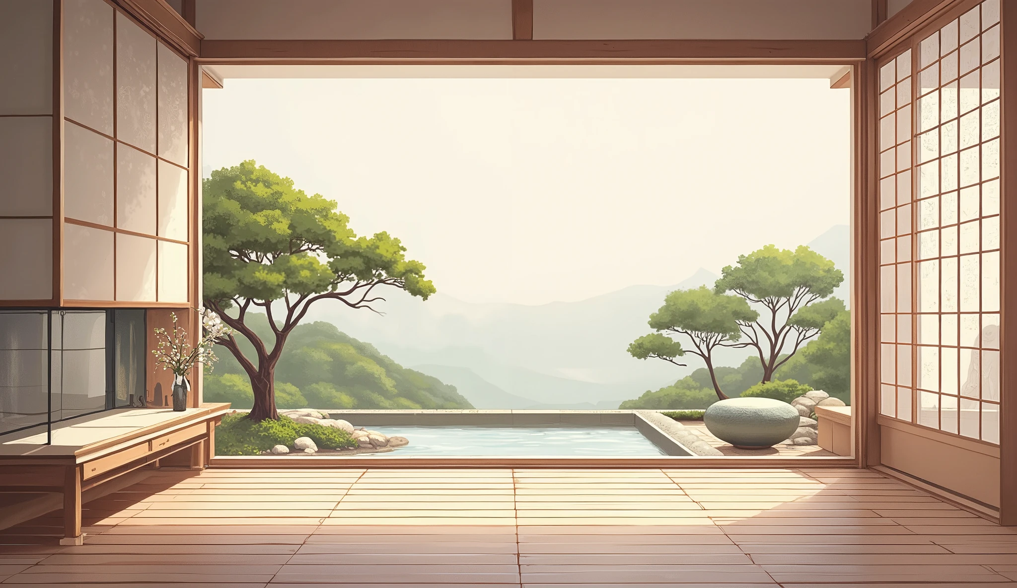illustration in soft colors predominating , minimalism of a Japanese style living room with window to see the minimalist Japanese garden with bonsai trees, the stage evokes energy and elegance