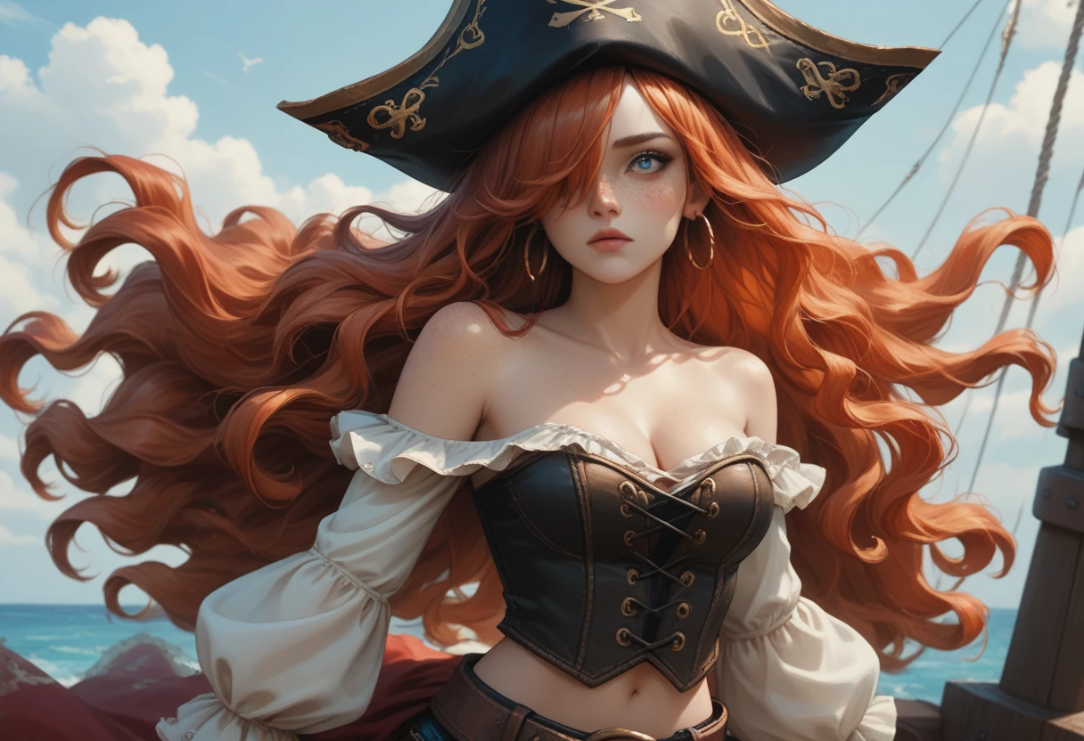 (Superior quality, 4k), Official Art, 8k, wallpaper, ultra detailed, 25 year old pirate girl, europea, Caucasian, very pretty, goddess of beauty, carved face, detailed eyes, view the whole body. Torn clothing showing intricate details, Worn and dirty leather boots , she wears a pirate dress, pirate hat, leather corset, short white shirt with neckline, Show your shoulders, open neckline, tattoos, tattoos en brazos, wears gold rings, wears gold hoop earrings, Gold bracelets, gold jewelry,Long curly, very red-orange hair that falls in tousled ringlets over his chest, waving, fierce and determined expression, Scene on an old and worn pirate ship, banderas de calaveras waving ras ella, Clear image of pirates of the Caribbean, Fine details of intricately drawn skull and bones., Vibrant art nouveau atmosphere with dark tones.
