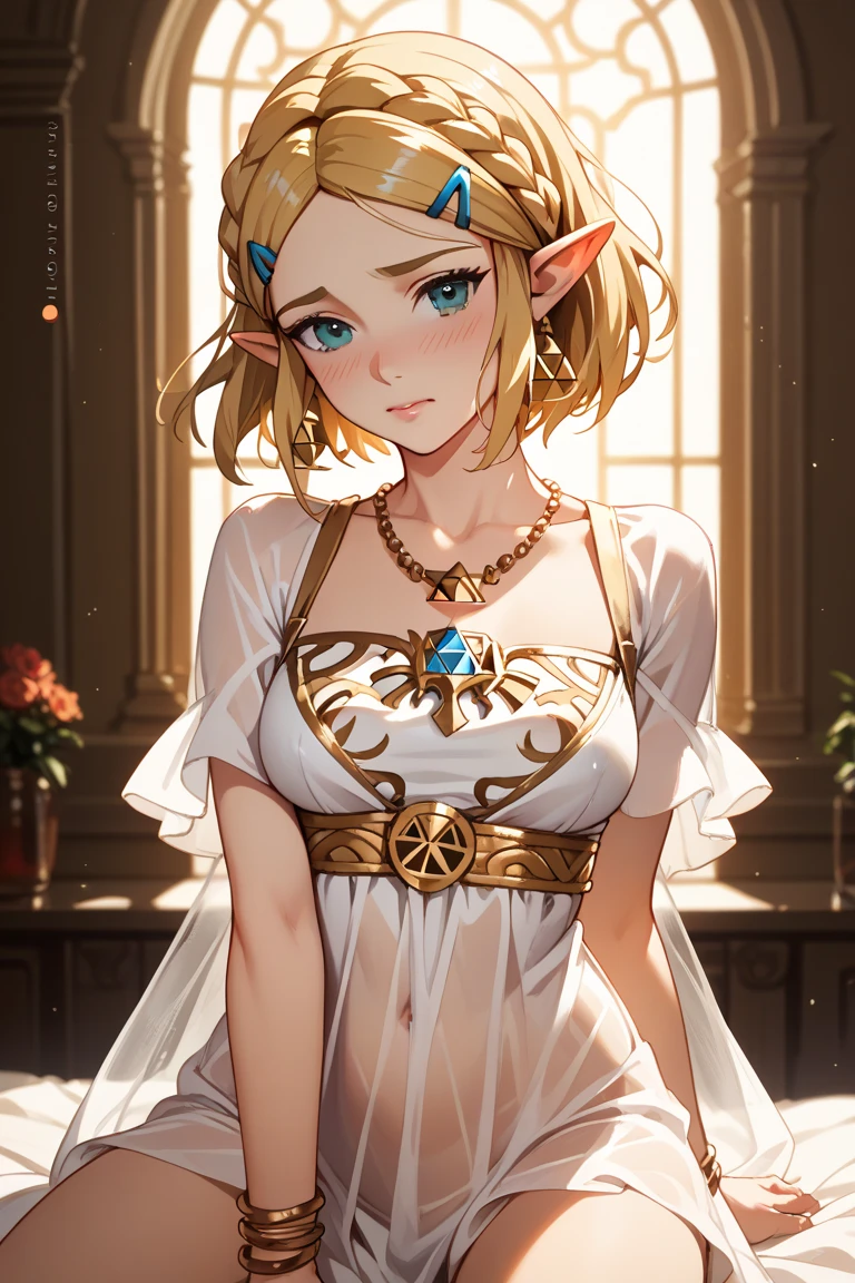 masterpiece, best_quality, 1girl, solo, princess zelda, nintendo, the legend of zelda, botw, white dress, dress