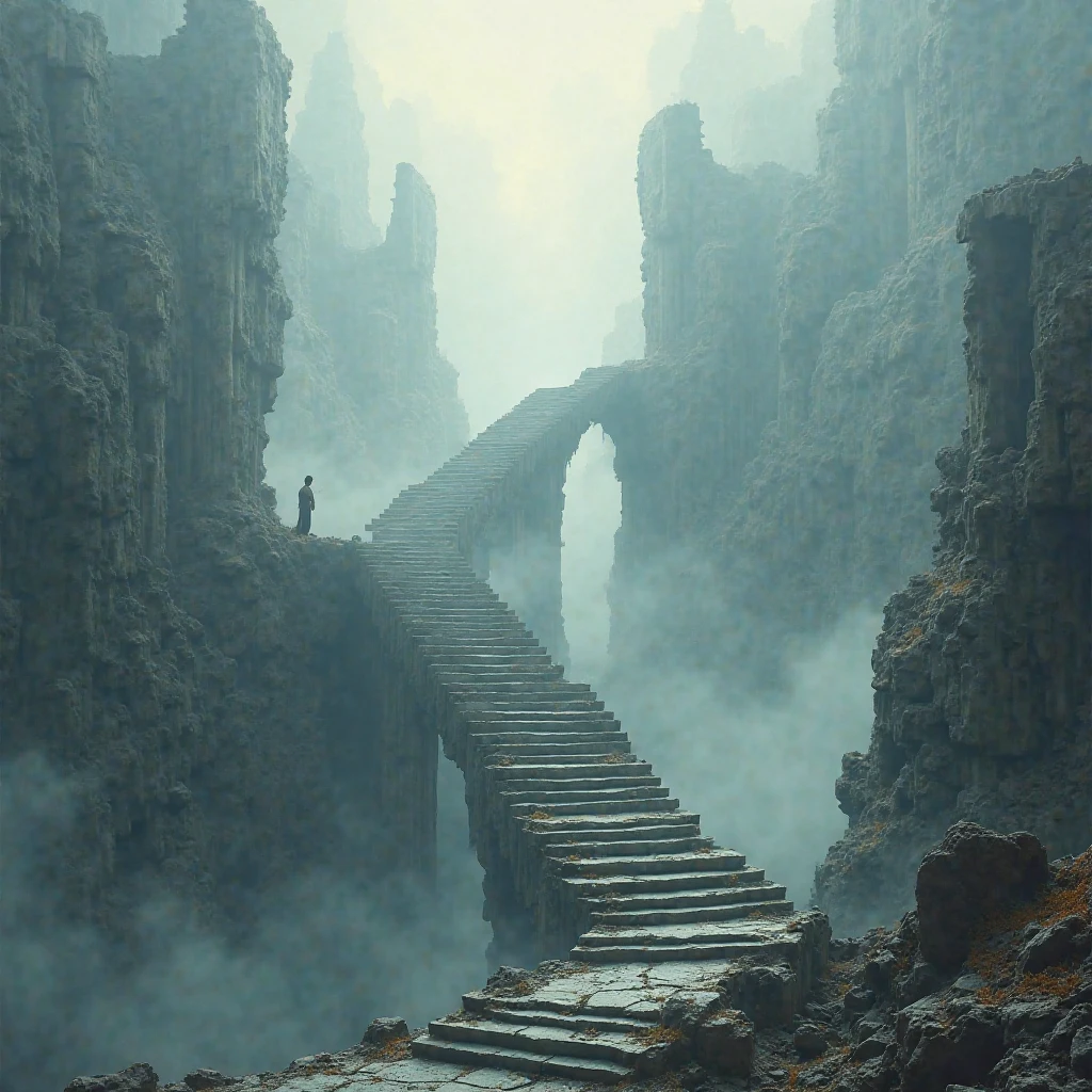 "A surreal scene of floating staircases made of ruins, extending endlessly into an unknown sky. The remnants of a fallen world transform into a path toward rebirth, symbolizing resilience and new beginnings. The atmosphere is dynamic yet hopeful, with mist and soft ethereal lighting creating a sense of mystery and anticipation. Futuristic yet poetic, blending abstract architecture with elements of fantasy. A visually striking composition perfect for a T-shirt design, appealing to young dreamers and visionaries aged 18-30."