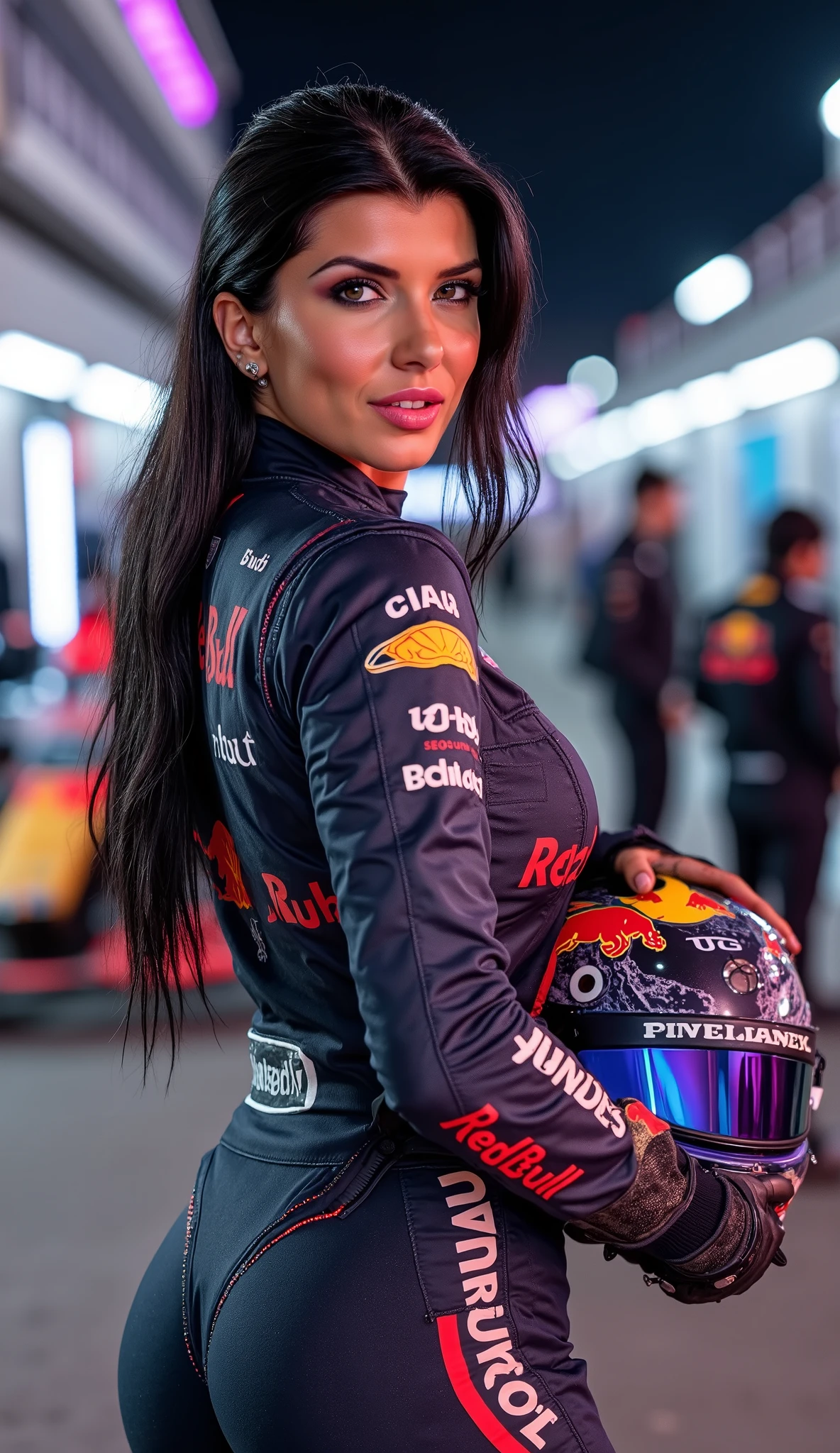 A confident female Formula 1 driver, (((wearing the (((official 2024 Red Bull Racing suit))) with hyper-detailed sponsors (Oracle, Honda, Tag Heuer, Bybit) embroidered in metallic thread, (((keyhole cutout at bust revealing subtle décolletage))), carbon-fiber collar and gloves, (((Keep the LoRA typical hairstyle))), standing in Abu Dhabi's Yas Marina Circuit pit lane at night, illuminated by stadium LED spotlights, (((behind her the Red Bull RB20 race car with chrome-blue livery and glowing tire warmers))), crew in black uniforms working, VIP lounge neon signs, holographic timers floating above track, champagne bottles on ice, sweat glistening on her forehead, car's halo device reflecting her silhouette, neon-purple pit wall accents contrasting navy-blue branding, 8k textures with reflective micro-stitching, cinematic backlighting, motion blur from speeding cars, ultra-realistic sports photography, futuristic glamour, (((--v 6))) --stylize 900 --chaos 20 (((keep the face and hair details of the selected LoRA))), , (((big breasts))), hourglass figure, seductive mood, warm smile, influencer poses for a photoshoot, SHE IS GRABBING at dark blue f1 helmet with red glass