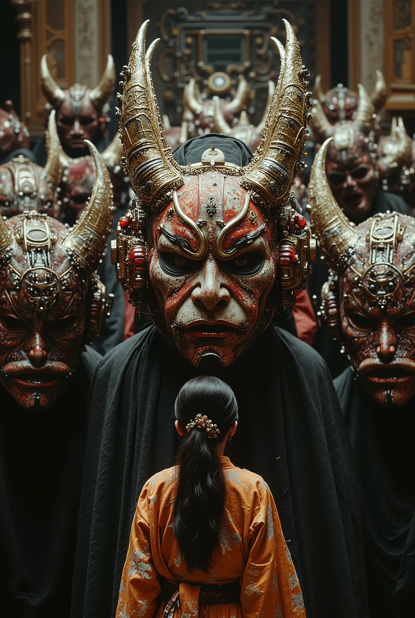 cinematographic photograph using rule of thirds and composition on planes Photo 3 / 4 takes over the entire body , A bloodstained Japanese Kabuki mask features components simulating electronic applications,circuitry, gold and silvering wiring, fibre optic extensions. There is a woman wearing a kimono standing in front of a large group of Kabuki masks , by Kamisaka Sekka, benjamin lacombe, beeple and jeremiah ketner, by Santiago Martínez Delgado, dan mcpharlin : : ornate, anton semenov, by Ivan Generalić, lowbrow pop surrealim, official artwork , drk4rt