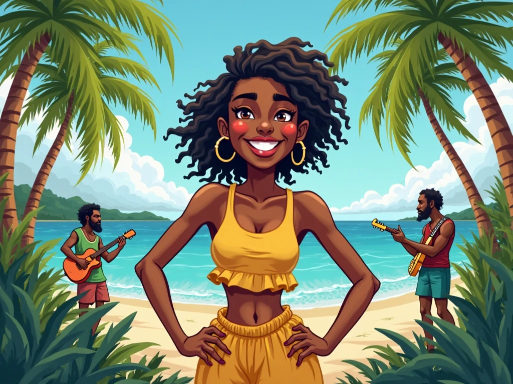 a black woman with curly hair wearing a yellow, green and blue bikini, walking on the beach and drinking coconut water, and a toucan