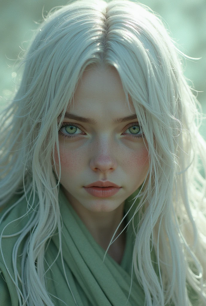 best qualtiy, tmasterpiece, White hair, eBlue eyes,A girl, exteriors, The upper part of the body, Realistis, Floating hair, Detailed face,autumnal,Green trees,Sunshine --auto