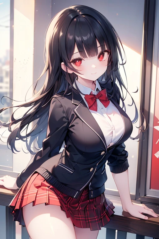 (masterpiece, best quality, ultra-detailed, 8k, wallpaper, photorealistic), (wide shot, full body), (leaning on the wall), beautiful girl, voluptuous body, perfect hands, (hmjy1), long hair, blunt bangs, red eyes, school uniform, red jacket, black pantyhose, white shirt, black ribbon, (pleated skirt), long sleeves, psycho smile, smile, erotic face, red face