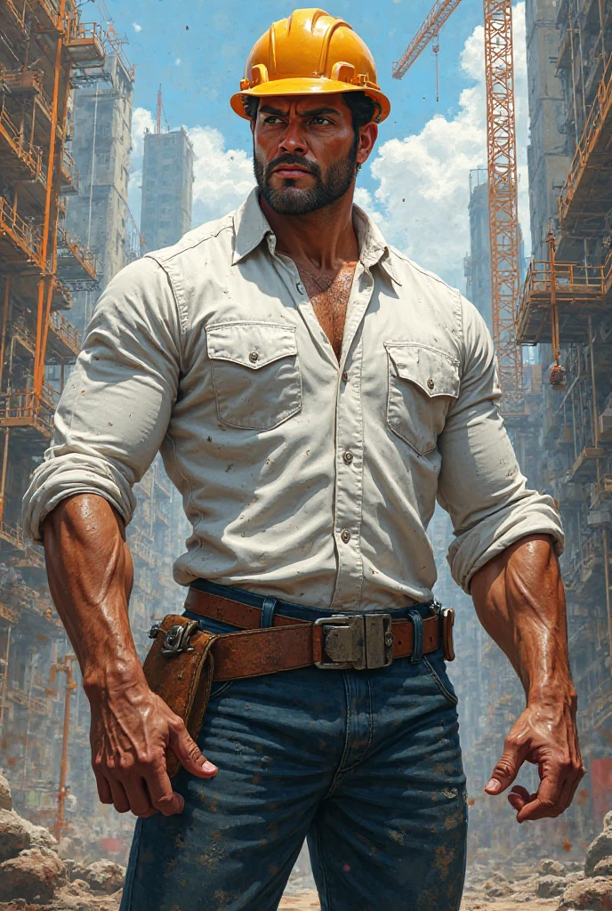 Male, short black hair, small low ponytail, tan skin, small lips, sharp features, dark brown eyes, eye bags, broad shoulders, thrifted clothing, old T-shirts and jeans, smokes, tired looking, middle-aged, 45 years old, masculine 