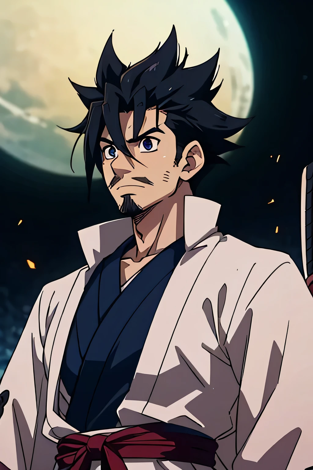 32 year old man, japanese, a samurai, muscular , a criminal but good, black hair, eyeballs of blue color, wearing a white samurai kimono, hairs form the letter X, has a veil and mustache, Swordsman, hair in pigtail 4
