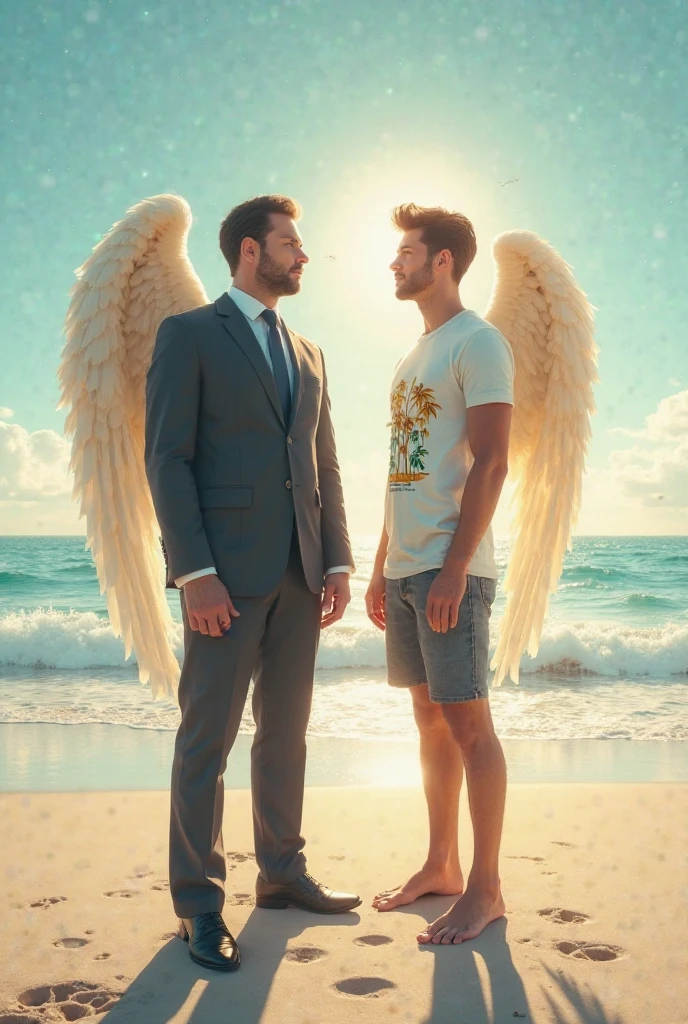 A cartoon of a bearded man on his back carrying a three year old male with little angel wings with sky background
