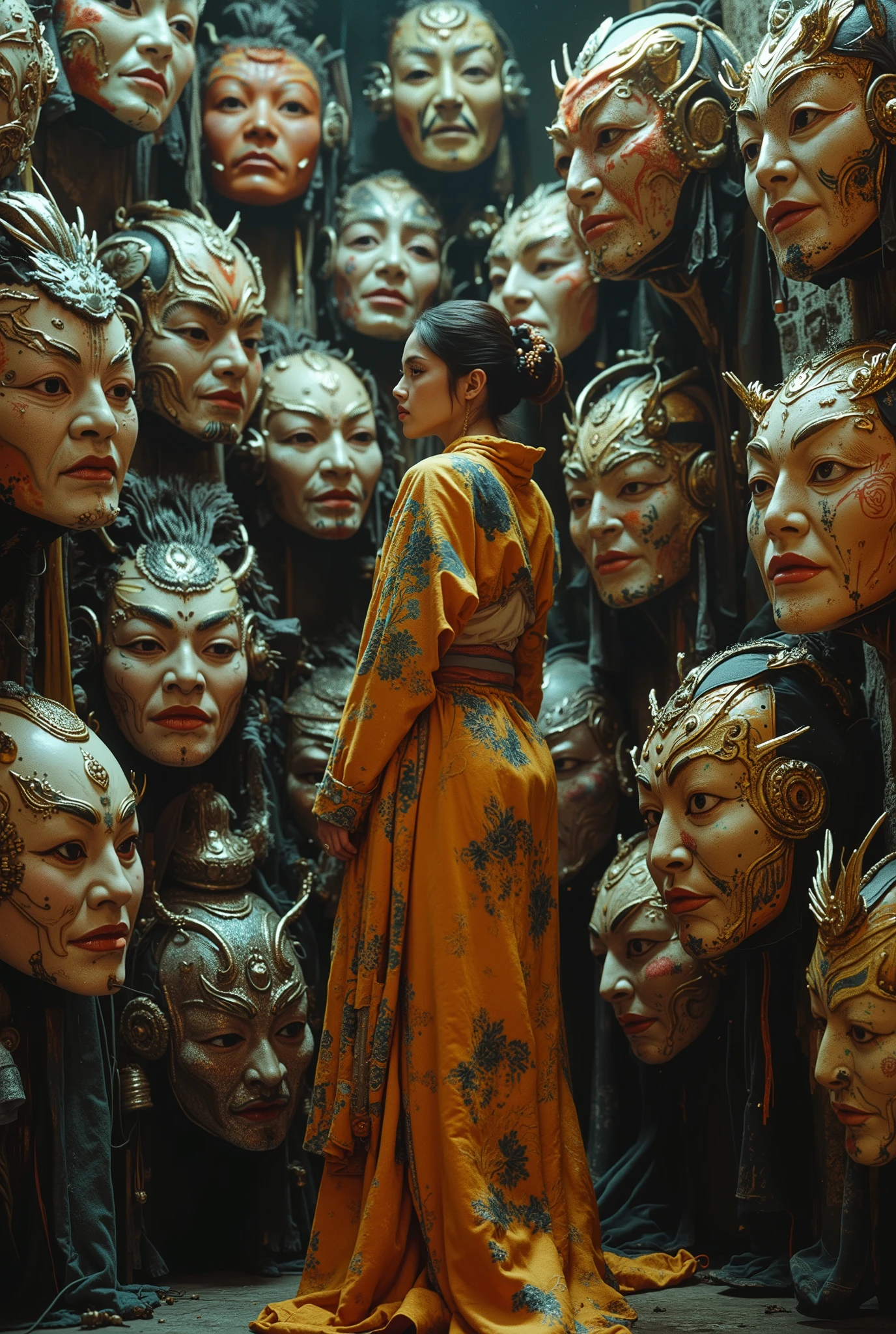 cinematographic photograph using rule of thirds and composition on planes Photo 3 / 4 takes over the entire body , A Japanese Kabuki mask features components simulating electronic applications,circuitry, gold and silvering wiring, fibre optic extensions. There is a woman wearing a kimono standing in front of a large group of Kabuki masks , by Kamisaka Sekka, benjamin lacombe, beeple and jeremiah ketner, by Santiago Martínez Delgado, dan mcpharlin : : ornate, anton semenov, by Ivan Generalić, lowbrow pop surrealim, official artwork , drk4rt