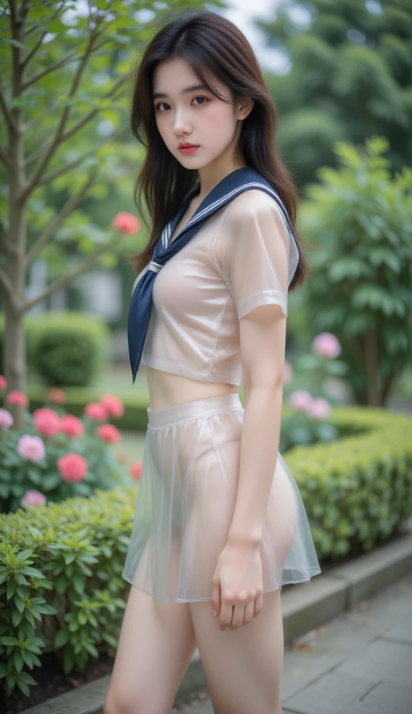 Unbelievably absurd, (Very detailed: 1.3), 8K, (masterpiece), (Highest quality: 1.4), (Ultra-high resolution: 1.2), (RAW Photos: 1.2), Very detailed背景, (ユニティ 8K 壁紙), Nogizaka Anime Girls,Transparency、Cute gestures、Narrow waist、Slim figure、Ruffled shirt、Sailor suit、Nipples are visible, No clothes、Sitting and spreading your crotch