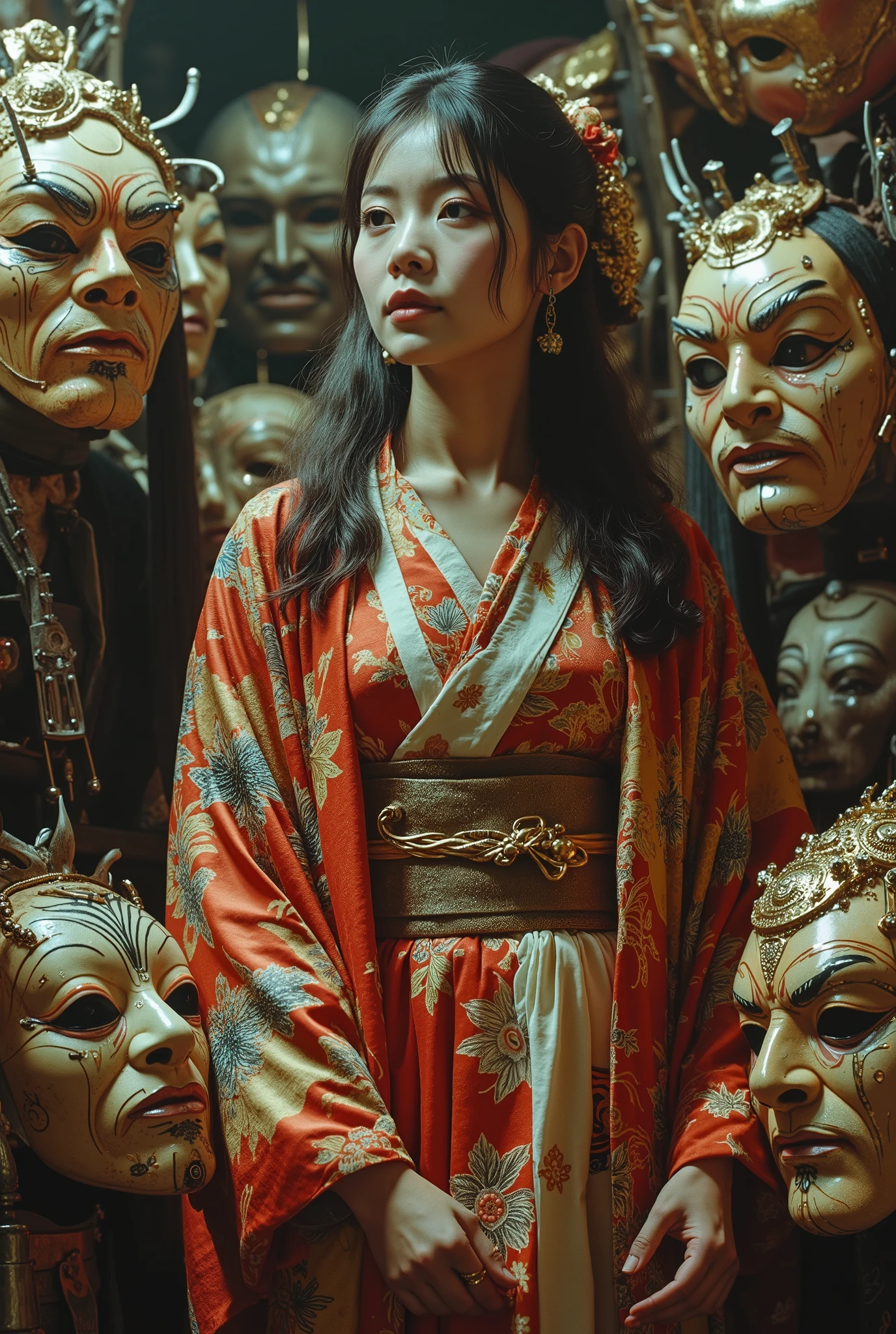 cinematographic photograph using rule of thirds and composition on planes Photo 3 / 4 takes over the entire body , A Japanese Kabuki mask features components simulating electronic applications,circuitry, gold and silvering wiring, fibre optic extensions. There is a woman wearing a kimono standing in front of a large group of Kabuki masks , by Kamisaka Sekka, benjamin lacombe, beeple and jeremiah ketner, by Santiago Martínez Delgado, dan mcpharlin : : ornate, anton semenov, by Ivan Generalić, lowbrow pop surrealim, official artwork , drk4rt