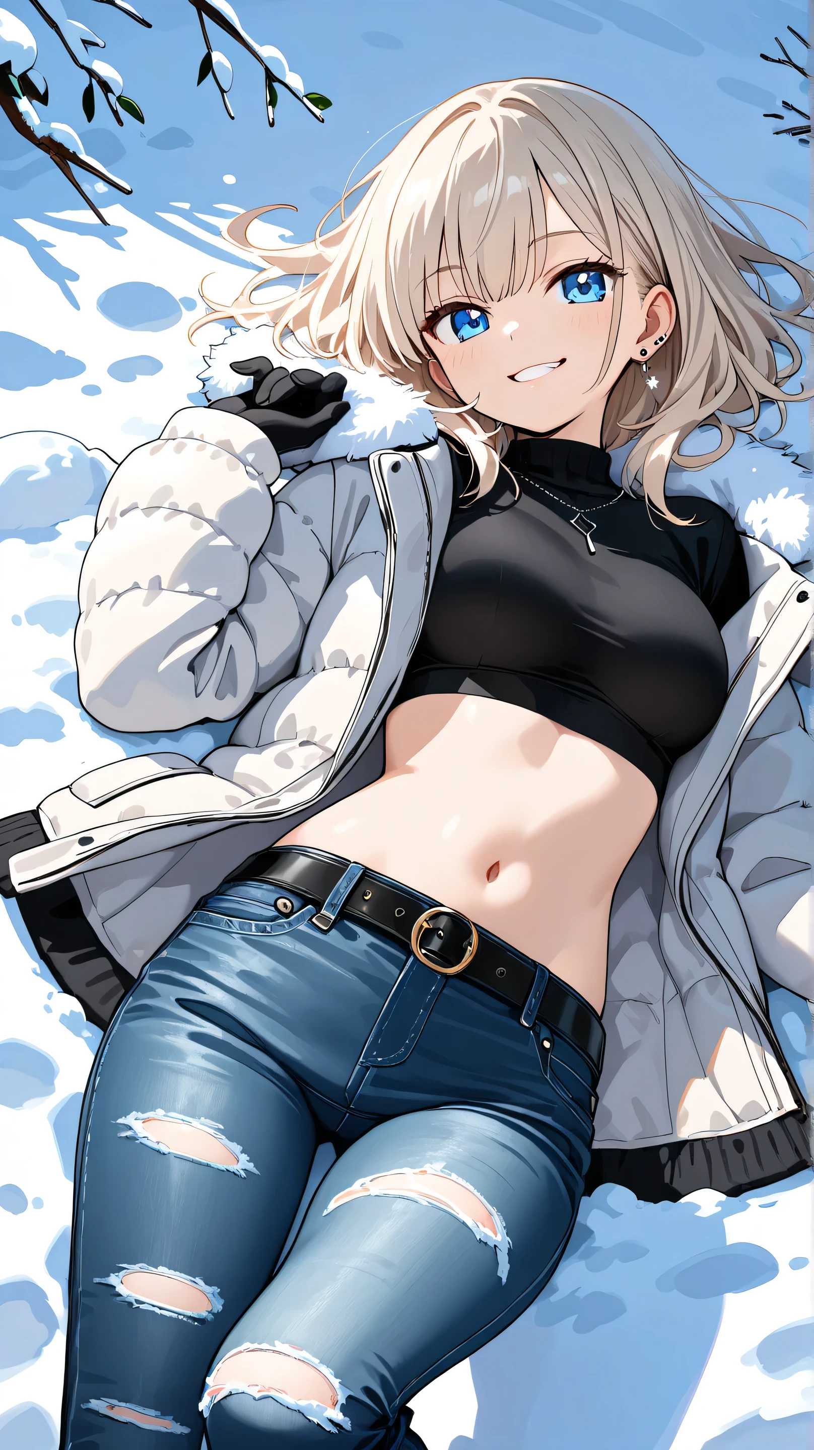 Masterpiece, Best Quality, Top Quality, Very Detailed, A beautiful anime-style woman with platinum blonde hair and piercing blue eyes, lying on the snow with a confident smirk. She wears a black crop top under a stylish quilted winter jacket with a white fur collar. Her ripped jeans and gloves add a rugged yet stylish look. The cold winter atmosphere is enhanced by soft falling snow, with realistic lighting and highly detailed textures. The background consists of untouched white snow, creating a contrast with her outfit. The image has a cinematic composition with a sharp focus on her captivating expression.