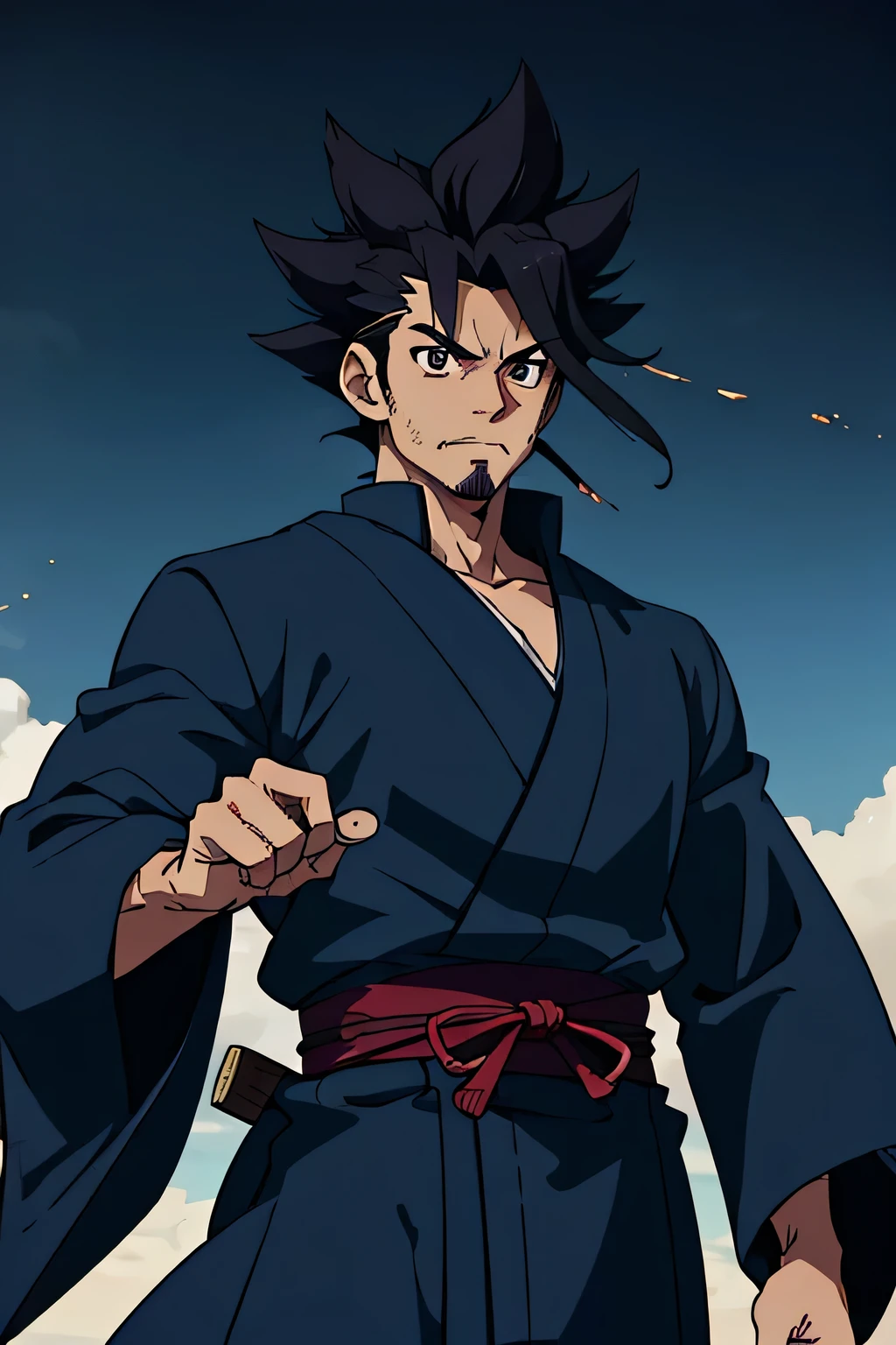 32 year old man, japanese, a samurai, muscular , a criminal but good, black hair, eyeballs of blue color, wear samurai kimono white color black stripe lightning shades, hairs form the letter X, has a veil and mustache, Swordsman, hair in pigtail 4, facing the future