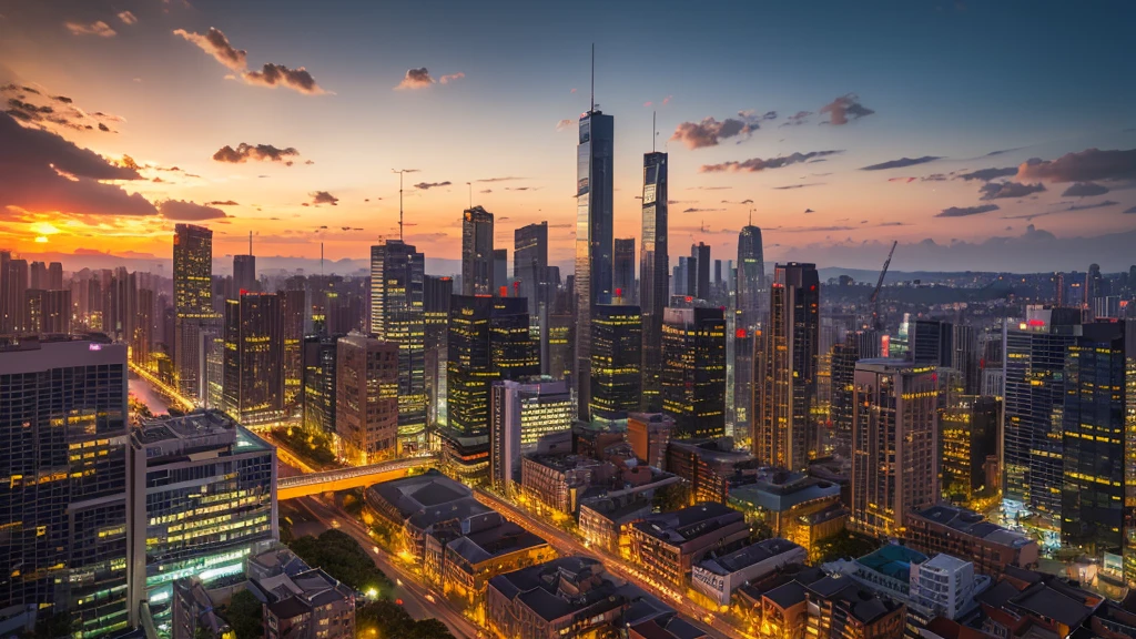 Best Quality、realistic、4K、8k、professional、extreme detail、vivid colors、 bokeh effects 、 at dusk 、cityscape、building、Orange Sunset 、 look back、 cityscape、sunset、HDR、 Atmosferic 