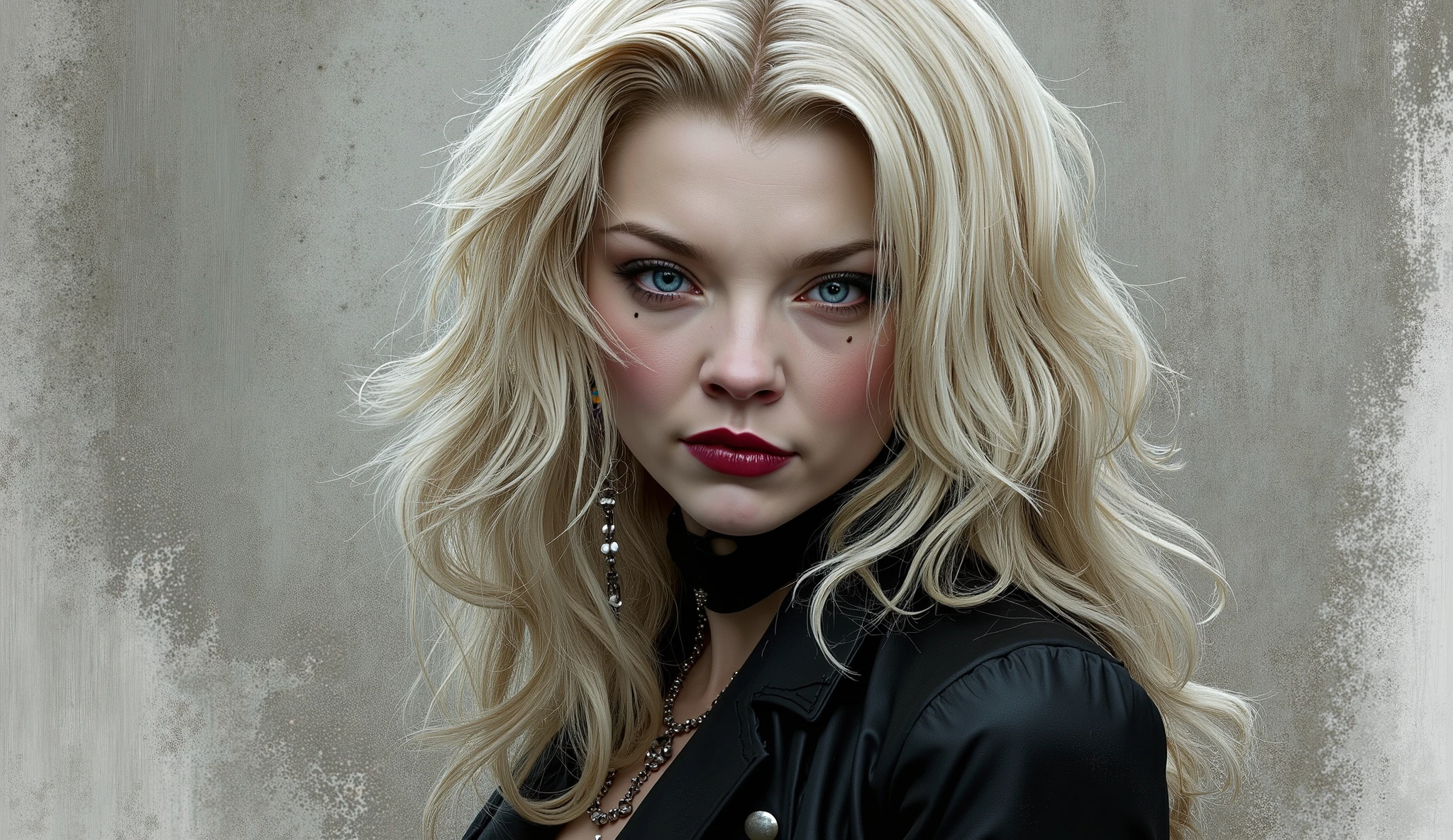 A highly detailed comic book illustration of an extremely thin very tall fashion model built extremely beautiful young woman with albino pale skin and white hair portrayed by a young Bryce Dallas Howard with a bold and edgy punk/metal aesthetic in an art style inspired by Frank Miller and Conan the Barbarian with a sinister yet mischievously alluring smile that draws the viewer in. Her white, disheveled hair is worn loose and wild about her shoulders, and she has an expression somewhere between defiant and alluring. Her pink rabbit like eyes are piercing and her lips are pursed in an inviting manner. The character's attire is inspired by goth and punk and metal subcultures and gives her an aggressive, rebellious appearance that matches the dark, moody atmosphere of the image. The background is awash in brushstrokes in shades of concrete grey, further emphasizing the character's edgy, punk-inspired persona. The overall color palette is predominantly dark to add to the sense of drama and intensity. The level of detail and the emotive, expressive quality of the character's face create a compelling, almost cinematic portrait of a complex, multifaceted individual. The image evokes a sense of strength, defiance, and an unwillingness to conform paired with an alluring captivating smile, making the subject a visually striking and captivating figure. Standing in a dynamic action pose. Trending on Art Station.