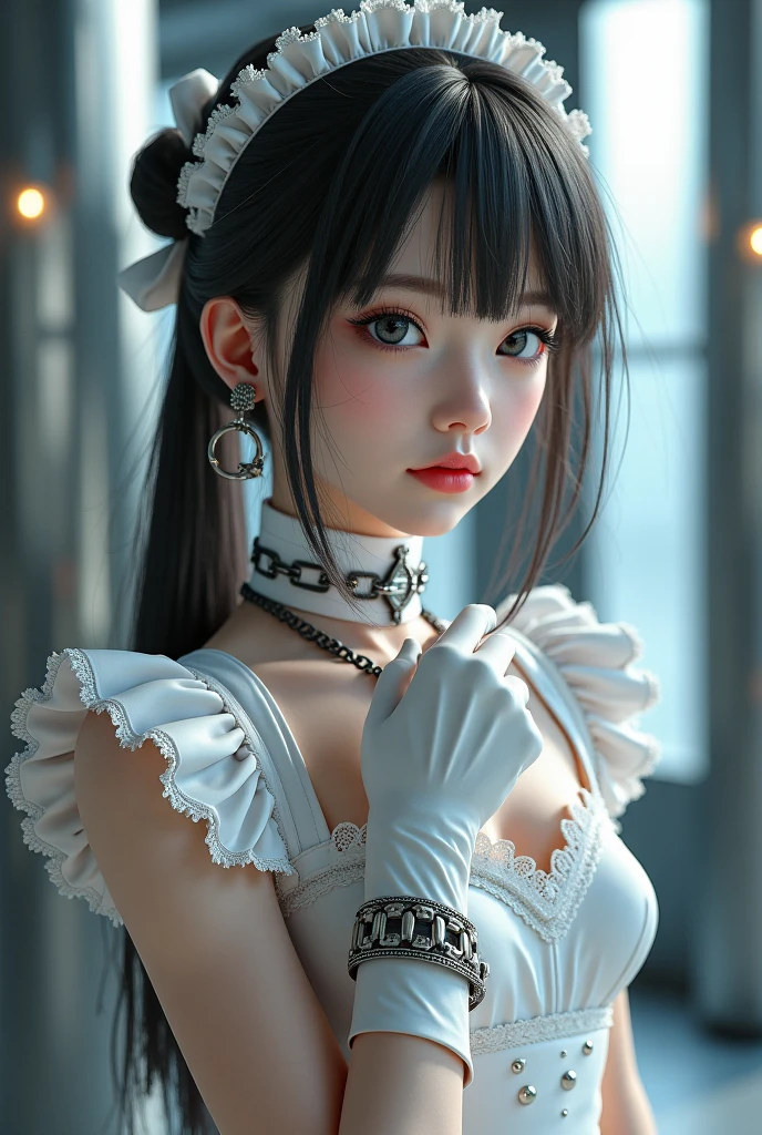 (1 girl 1.3) (extremely detailed 1.3) (anatomically correct, High precision, realistic skin) (RAW photo, Super detailed, advanced details, intricate details,), (Lighting: Face lighting, Ray tracing, reflective light, Structurally correct) ((Background: back room of a nightclub 1.3)) (Subject: beautiful Asian woman with hair in White curls and coils) (wearing: glamorous detailed embroidered white gothic Lolita dress, white corset, white, neck wrists and fingers, ((beautiful big eyes looking up at the viewer, black shiny lipstick, perfect Asian goth cyber makeup))