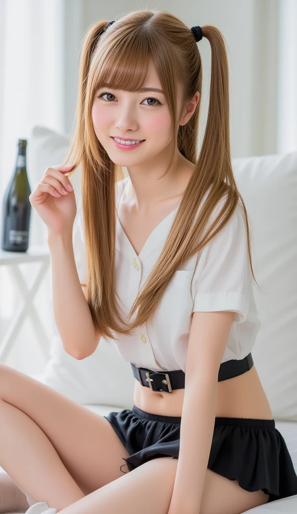 1 perfect portrait of a girl, (Light brown middle hair), brown eyes,(Cat ears:1.3), white open shirt, Pleated skirt, Sitting in sundown seashore, (Plump breast:1.3) 