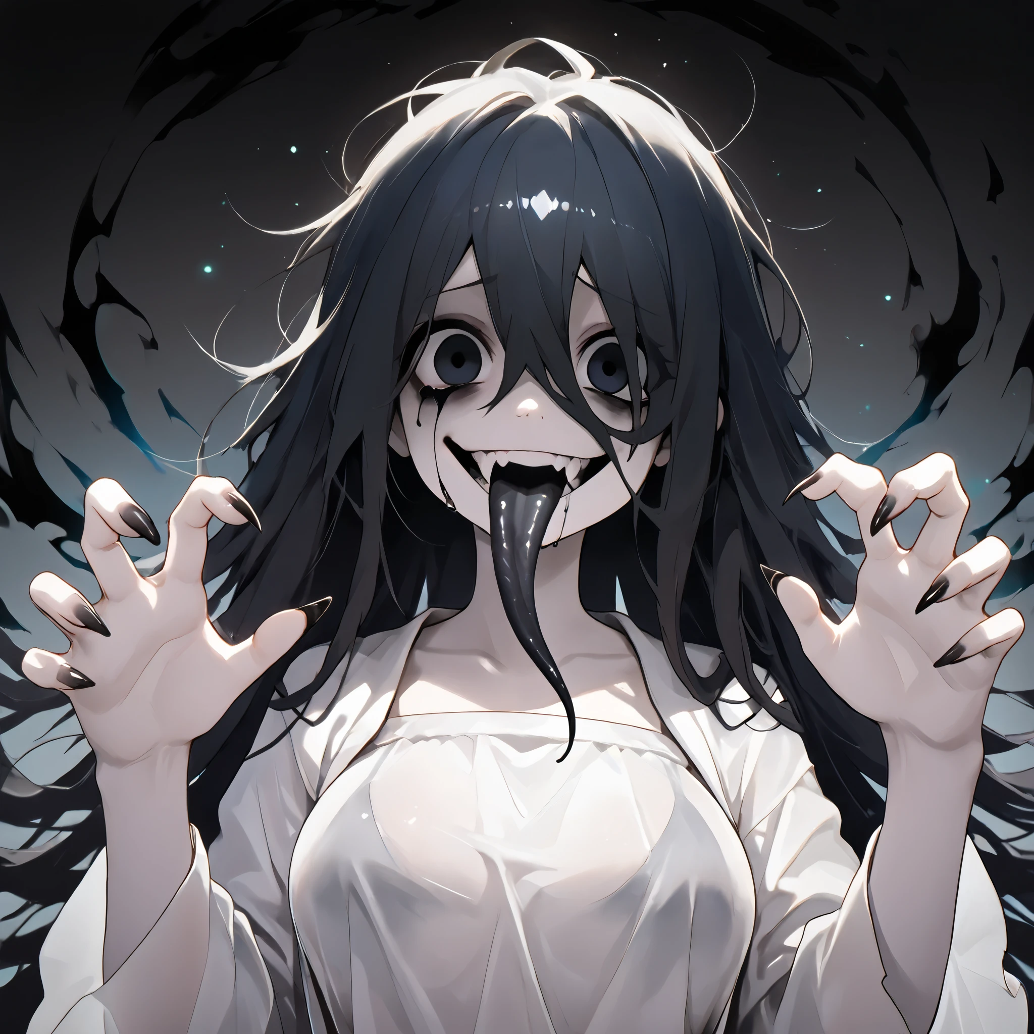 (ultra detailed), (masterpiece), (best quality), (depth of field), (sharp focus), (cinematic lighting), (vibrant white), 1, crazy smile, fangs, tongue out, deep eyes, japanese style, long black tongue, (long tongue), cursed image, yokai girl, pale hands, dark pupils, blank eyes, void black eyes, ruined dark makeup, black tears, dark gothic makeup, ghost girl, psychotic, psycho, a dark-lit japanese ghost girl, transparent white clothing, sexy white ghost clothing, transparent clothing, pale lips, sadako, transparent clothing, (pale skin), dark black fire, large breasts, casting dark black flames, sexy girl, with dark eyes, deep-set eyes, dark fire trail on eyes, dark messy hair and lots of dark energy, sadako ghost, psycho face, widely open eyes, dark liquid, (black flames in the background)), sharp teeth, (sexy pose), (holding floating dark glowing chains), sharp nails, very long nails, (((black gradient background:1.4))), ((dark floating glowing chains around)), iridescent floating chains, (side intense pose), dramatic pose, energy, energetic, Phonk, Brazilian Phonk, Simple Design, Simplified --s 100 --niji 5 --ar 1:1, phonk, 1girl, dark background, silhouette, glowing eyes, aura, haunted glow, floating hair, glowing eyes, looking at viewer, {{crazy smile, sadistic smile, closed teeth}}, {{glowing eyes, glowing particles, glow}}, traditional media, realistic