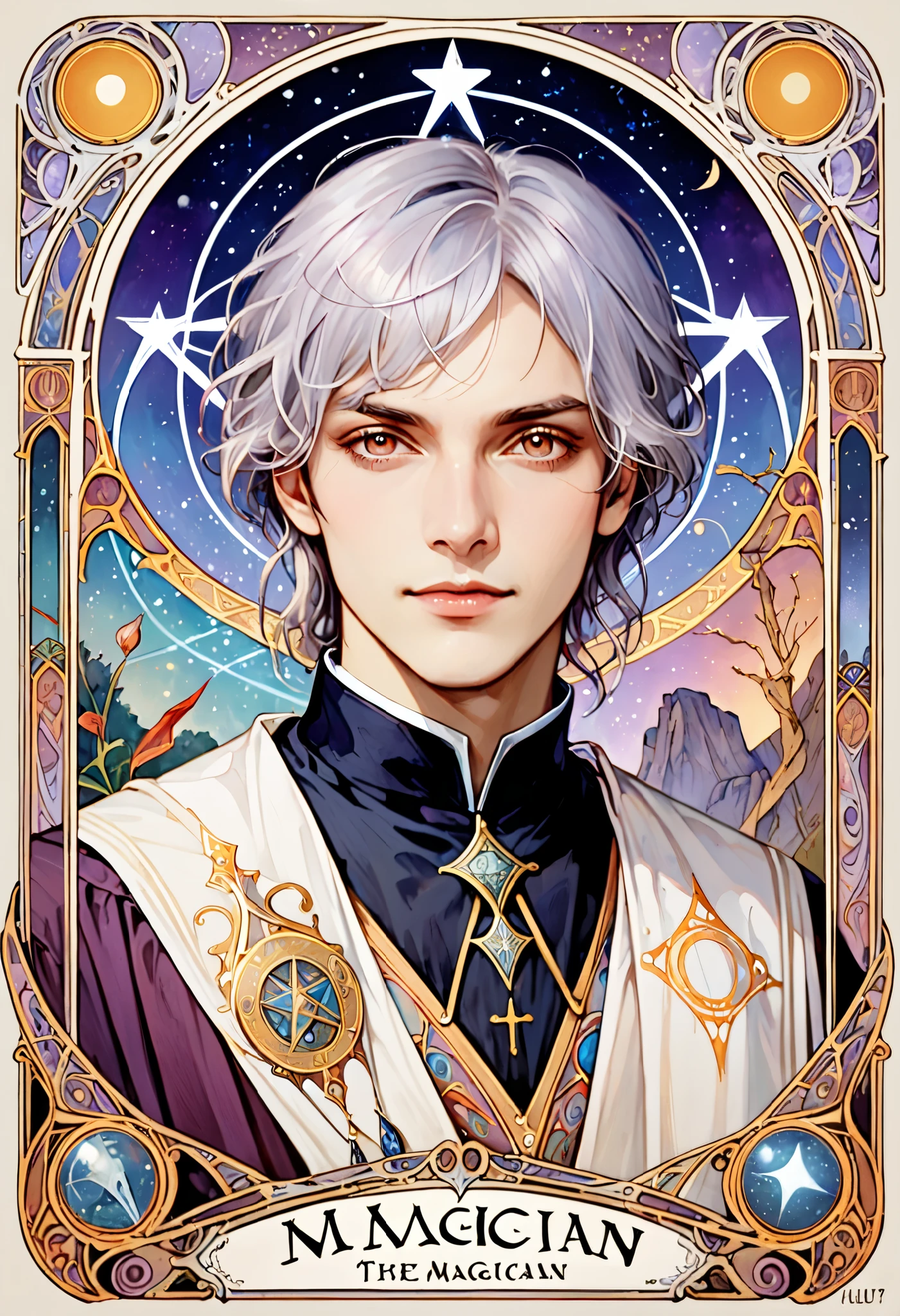 (absurdres, highres, ultra detailed), 1 male, Silver hair, Brown eyes, Silver lashes, Looking at the camera, Hogwarts Uniform (finely detailed), finely detailed eyes and detailed face, the magician \tarot\, Symbolism, Occult, Universal, Philosophical, Iconography, Numerology, Popularity, Artistic, Alfons Mucha