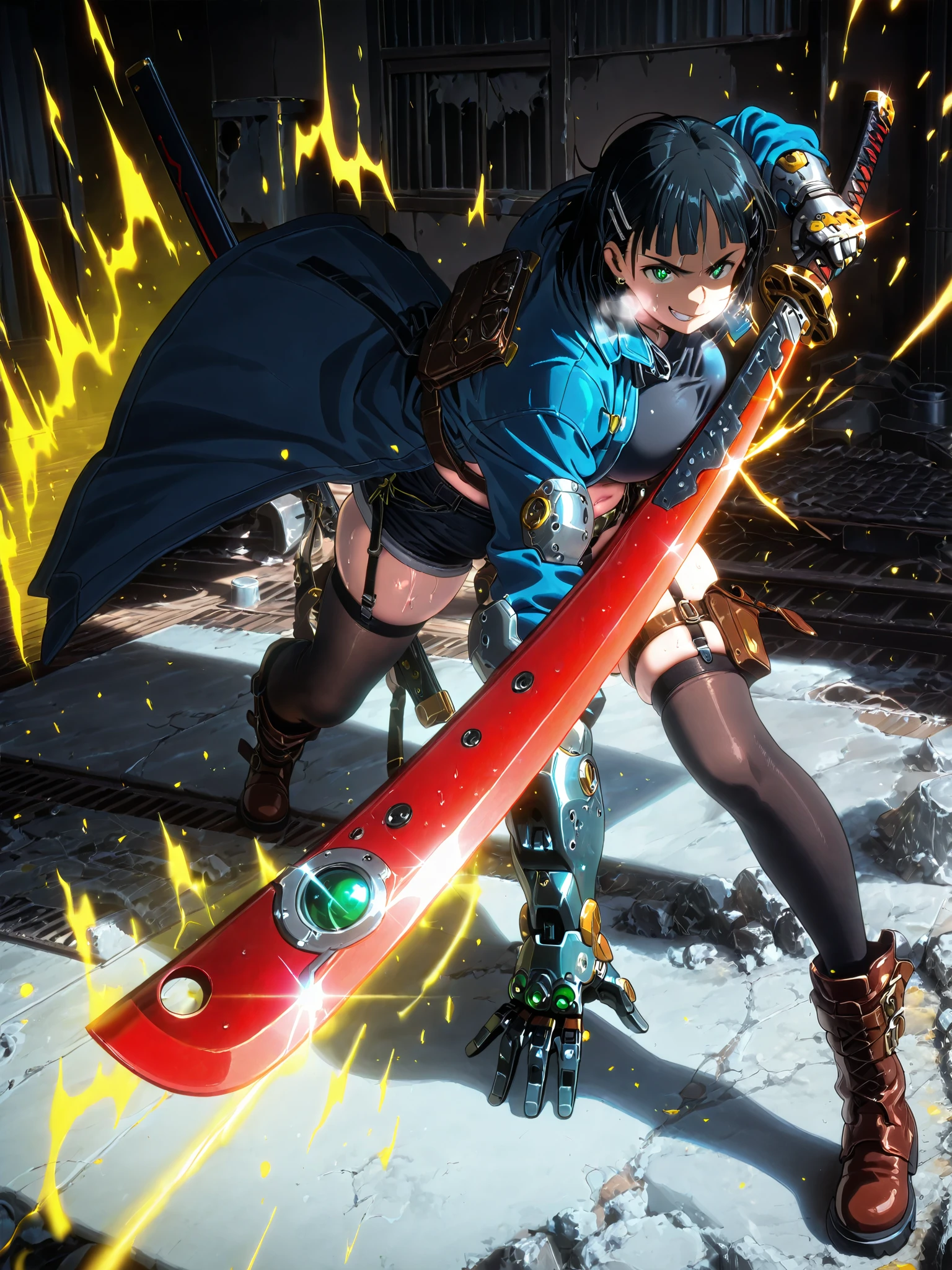 anime coloring, anime screencap, anime-style, detailed background, masterpiece, high quality, absurdres, best quality, very aesthetic, newest, dynamic composition, anatomical correct, HD, 4K, digital art, trending on ArtStation, perfect body, perfect eyes, perfect fingers, gasping, heavy breathing, excessive sweating, sweating, sweating profusely, gasping profusely, ((skindentation)), ((voluptuous)), suguha kirigaya, short hair, (black hair:1.3), hair ornament, hairclip, green eyes, mature female, bright pupils, (flabby stomach), plump, (aura), (yellow aura:1.2), 1girl, weapon, solo, sword, thighhighs, fighting_stance, holding, holding_weapon, sheath, coat, boots, holding_sword, looking_at_viewer, mechanical_arms, jewelry, shorts, single_mechanical_arm, earrings, katana, piercing, black_thighhighs, glint, garter_straps, ear_piercing, jacket, blue_coat, holster, smirk, shaded face, eyes trail, glowing eyes, abandoned building