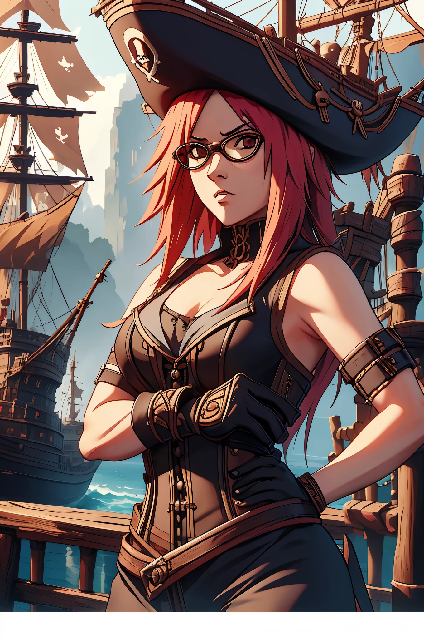 Karin Uzumaki, as a female pirate, wearing sleeveless female pirate black outfit with corset, standing in the middle of pirate ship during the day, wearing a glasses