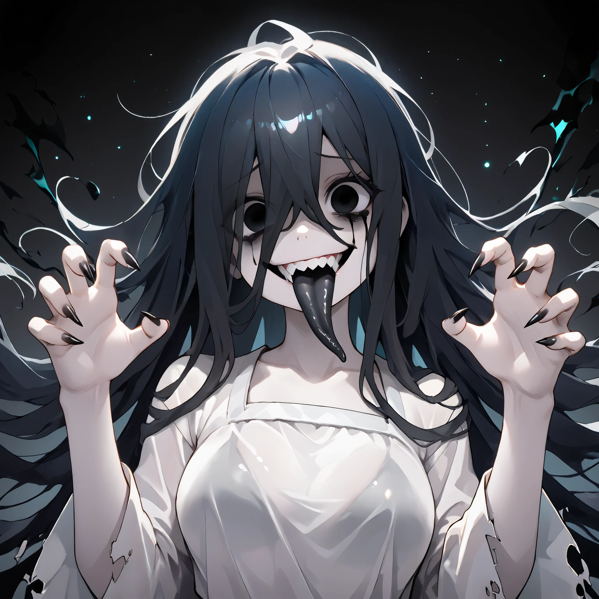 (ultra detailed), (masterpiece), (best quality), (depth of field), (sharp focus), (cinematic lighting), (vibrant white), 1, crazy smile, fangs, tongue out, deep eyes, japanese style, long black tongue, (long tongue), cursed image, yokai girl, pale hands, dark pupils, blank eyes, void black eyes, ruined dark makeup, black tears, dark gothic makeup, ghost girl, psychotic, psycho, a dark-lit japanese ghost girl, transparent white clothing, sexy white ghost clothing, transparent clothing, pale lips, sadako, transparent clothing, (pale skin), dark black fire, large breasts, casting dark black flames, sexy girl, with dark eyes, deep-set eyes, dark fire trail on eyes, dark messy hair and lots of dark energy, sadako ghost, psycho face, widely open eyes, dark liquid, (black flames in the background)), sharp teeth, (sexy pose), (holding floating dark glowing chains), sharp nails, very long nails, (((black gradient background:1.4))), ((dark floating glowing chains around)), iridescent floating chains, (side intense pose), dramatic pose, energy, energetic, Phonk, Brazilian Phonk, Simple Design, Simplified --s 100 --niji 5 --ar 1:1, phonk, 1girl, dark background, silhouette, glowing eyes, aura, haunted glow, floating hair, glowing eyes, looking at viewer, {{crazy smile, sadistic smile, closed teeth}}, {{glowing eyes, glowing particles, glow}}, traditional media, realistic
