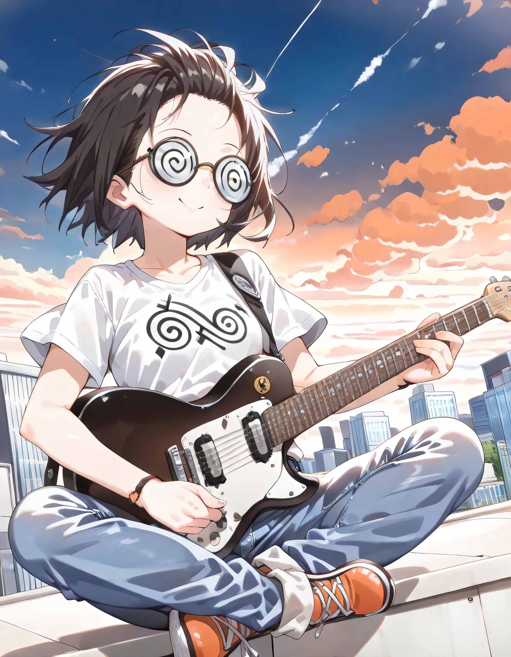 (dynamic angle:1.3,dynamic pose:1.3),(looking away:1.3)+,sitting indian style,pride,Alone,14years old,black short hair,forehead,spiral glasses,looking away:1.3,smile,natural cosmetic,sexy slim,feminine,flat breasts,wild sexy t-shirt,denim pants, Electric Guitar,absolute area:1.3,lineart+,Evening sky,skyscraper rooftop background, manga style,illustration,memorial shot,nostalsic scene