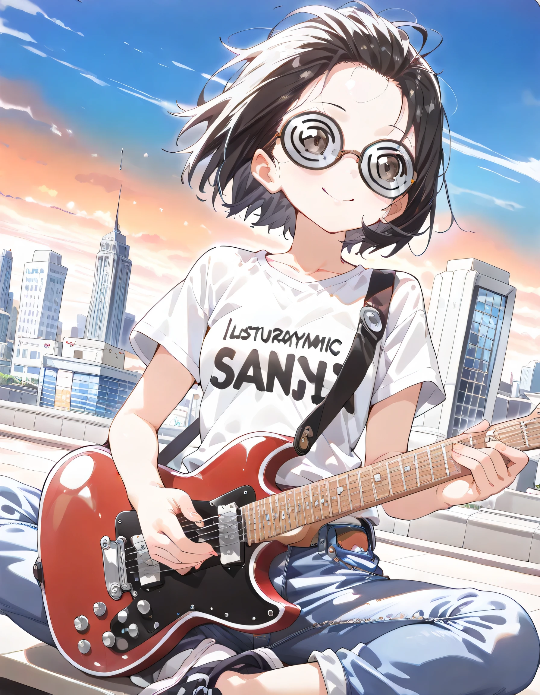 (dynamic angle:1.3,dynamic pose:1.3),(looking away:1.3)+,sitting indian style,pride,Alone,14years old,black short hair,forehead,spiral glasses,looking away:1.3,smile,natural cosmetic,sexy slim,feminine,flat breasts,wild sexy t-shirt,denim pants, Electric Guitar,absolute area:1.3,lineart+,Evening sky,skyscraper rooftop background, manga style,illustration,memorial shot,nostalsic scene