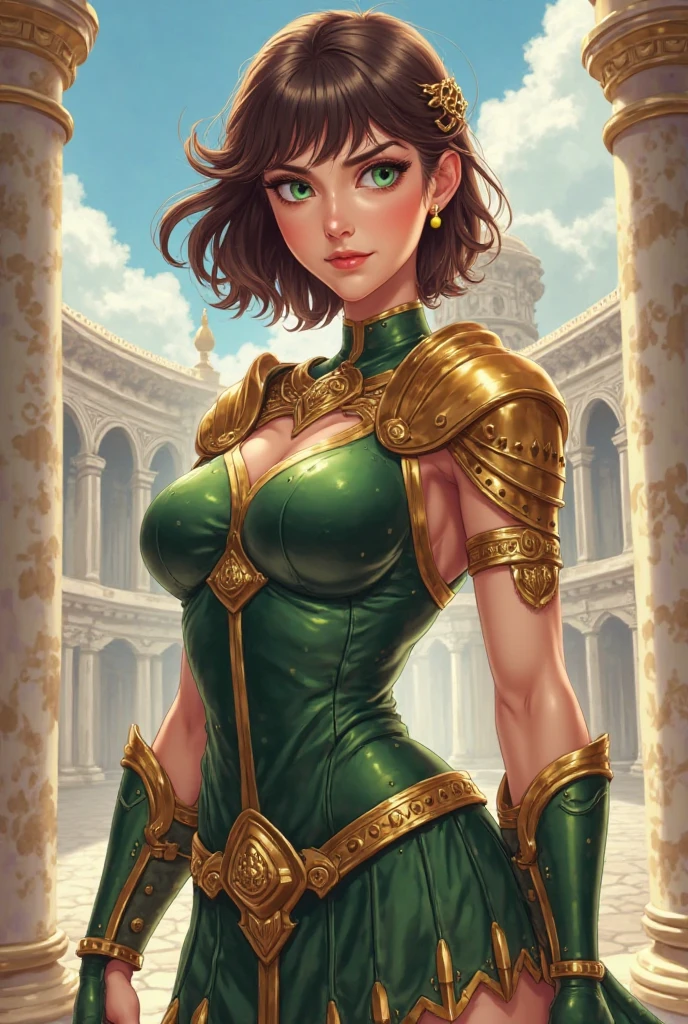 (Cartoon character) lanky  young woman, short cut brown  bangs hair. Wearing a green leotard.. She carries a wide great sword on her back. A round bronze shoulder armor on her left shoulder. A  giant skull is looming behind her