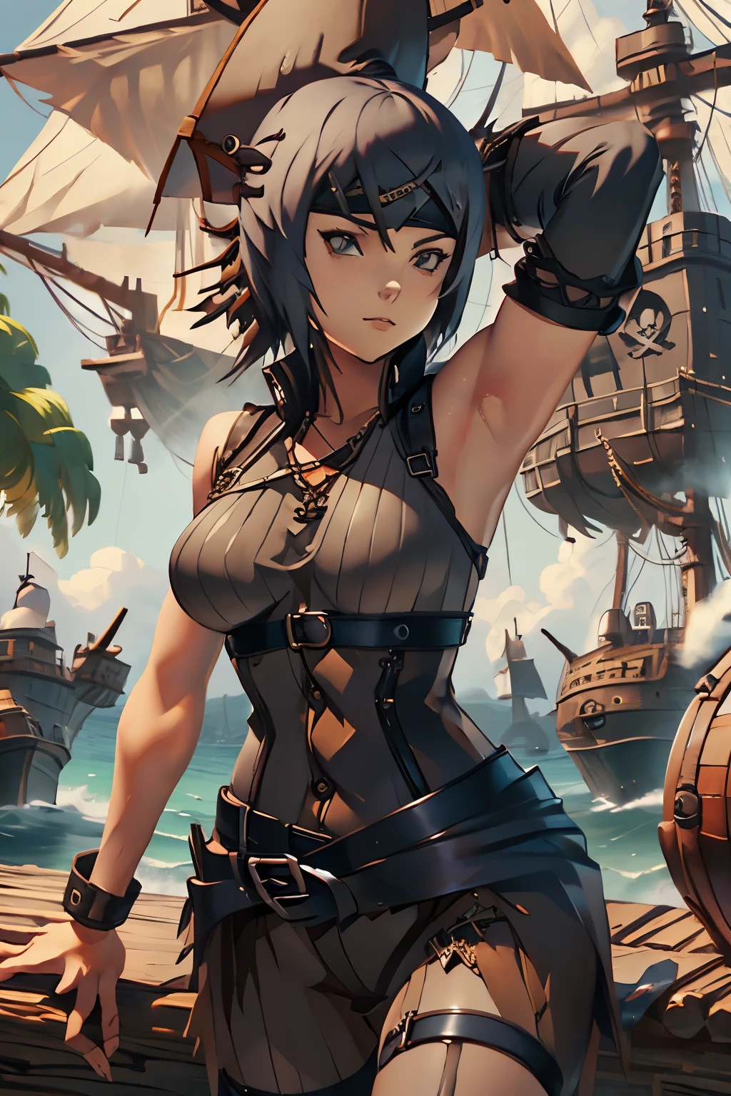 Anko, as a female pirate, wearing sleeveless female pirate black outfit with corset, standing in the middle of pirate ship during the day, one arm up