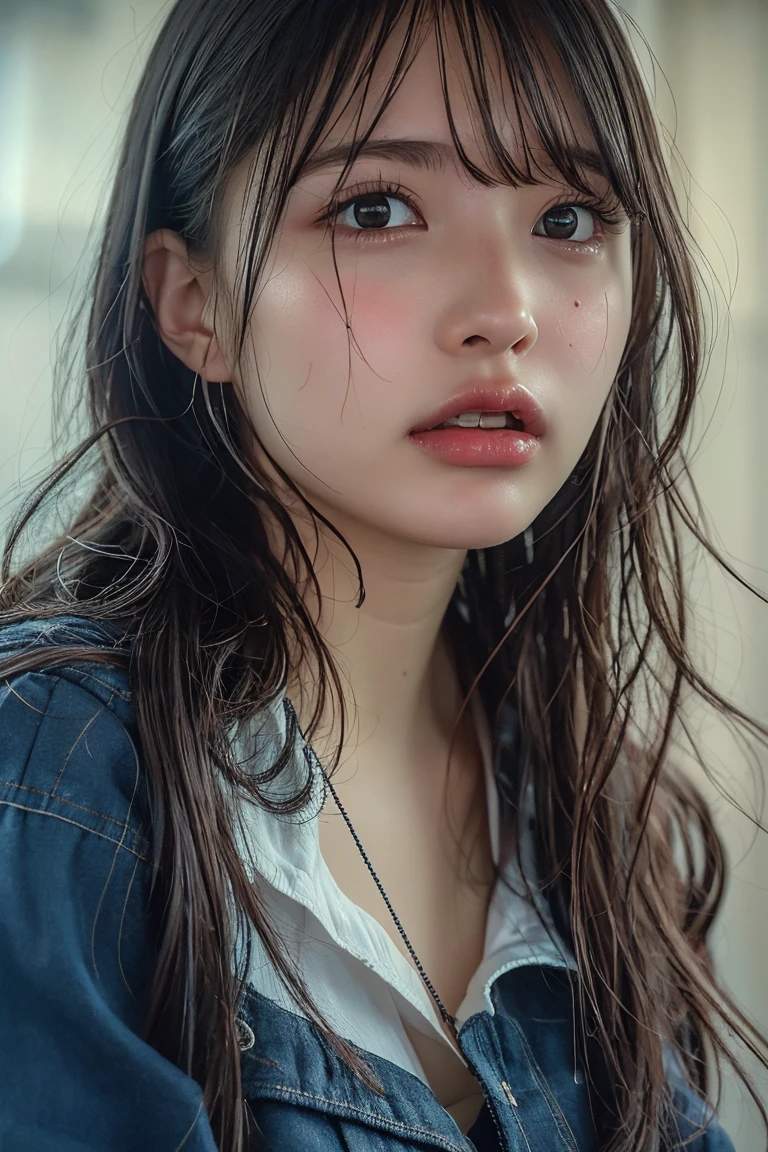 top-quality, ​masterpiece, 超A high resolution, Photorealsitic, Raw foto, ((one beautiful women)), 22year old, Detailed face, beautidful eyes, depth of fields, the city street, Wet in the rain, White T-shirt with V-neck, Wet and see-through t-shirt, small tits, Faint lips, wetting hair, a wet body, water drop on the skin, (See the viewer's eyes)