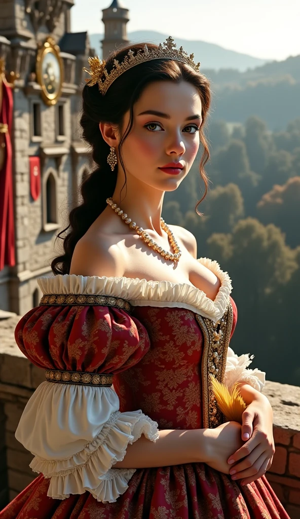 Woman Jennifer connelly Young 20 years old model long hair Brow bun with red rose in hair n blue eyes dress arabe red ballet flamenco sevillana ruffles white lace long gold earrings diamonds in park