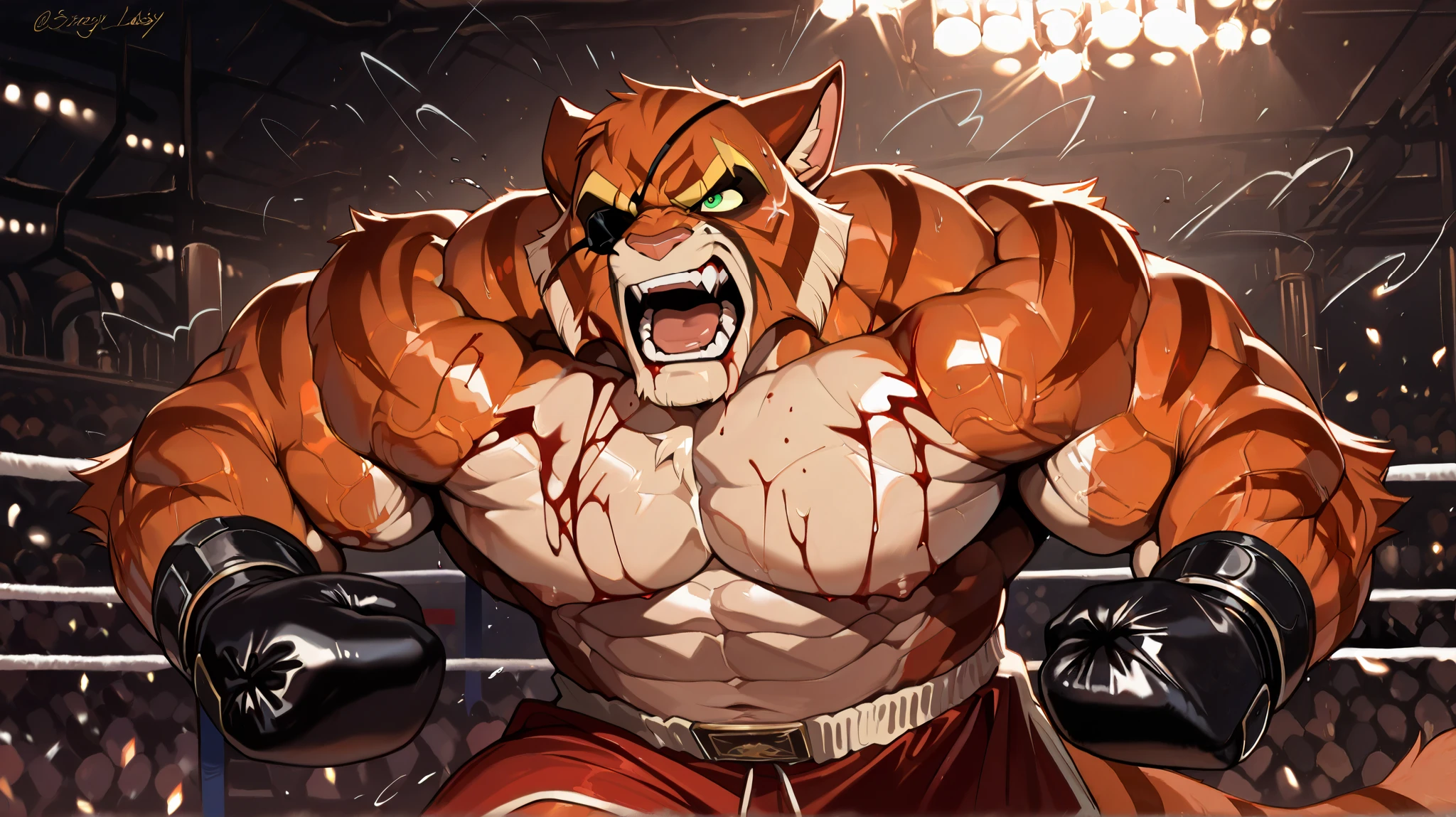solo, hyper muscular furry (viktor vasco, Viktor[lackadaisy], Viktor Vasko[lackadaisy], black eyepatch, orange fur, orange body, yellow pattern, cream pattern, 1920s styled clothing, stripes, green eyes, large eyebrows, eyebrows, yellow eyebrows.), pectoral, open mouth, red shorts, gloves boxing, boxing gym, steampunk, bleeding , blood, nipples,  angry, detailed, shirtless, masterpiece, semirealistic:1.2, high detailed, 8k, high resolution
