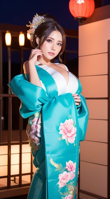 ((masterpiece(:1.4),Highest quality,Ultra-high resolution,Highest quality,8k,Extremely detailed,In detail))。night,Japanese,(A beautiful woman),glossy,slim,Large Breasts(1.6),sexy,glamorous,Golden Ratio Style,Perfect Style,whitening,Flashy gal makeup,Red light district,Bedroom,Oiran,Prostitute,Sunny day outfit,Uchikake,Gold brocade,((A gorgeous kimono)),A cutting board belt tied in front,Hair tying,hairpin,hair ornaments,Gorgeous costumes,Beautiful standing posture,Presence,Exude sex appeal,