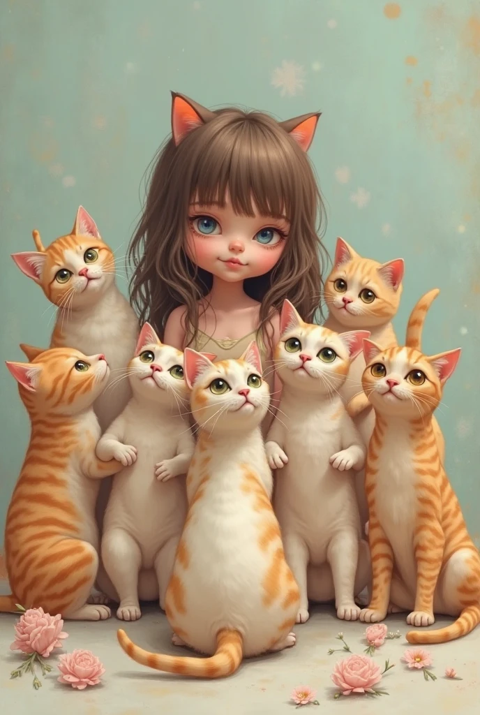 Brown haired blue eyed girl surrounded by cats