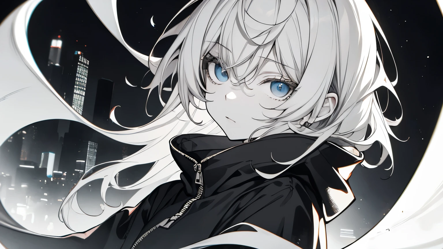 pale tone , monochrome on Yang, cool guy, long bangs, hipster girl, skinny girl, Gray Hair, upper body shot, monochrome on Yang, black, hoodie, Background, night city, from side、black clothe、black costume, Also