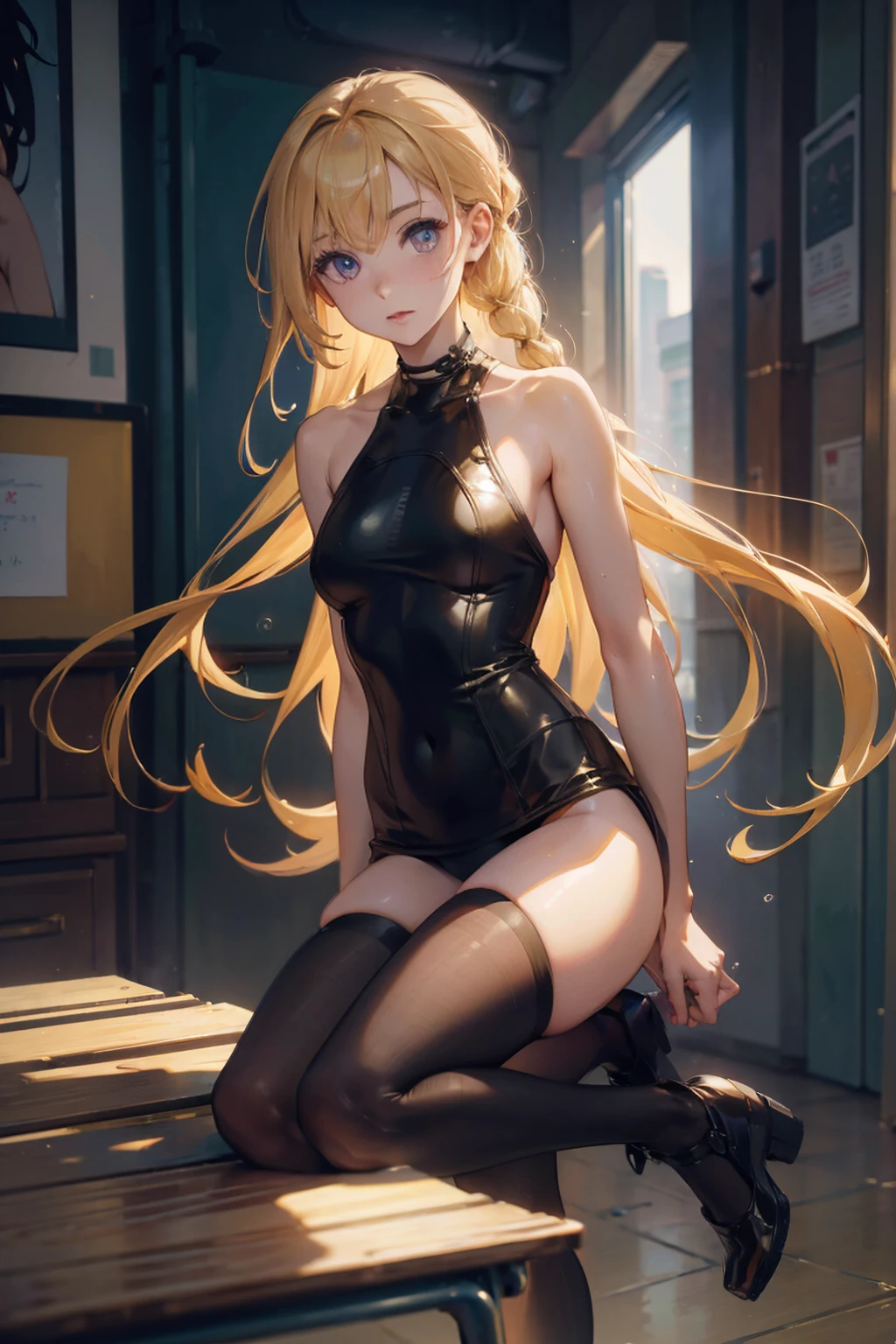 Safe for work, masterpiece, best quality, solo, 1 girl, cowboy shot, (young female body:1.4), ( medium small breasts), golden yellow hair, extra long hair, blunt bangs, crystal blue eyes, very detailed eyes, cathedral hallway background, ponytail, standing, leaning forward, erotic, sexy girl, tight black dress, form fitting dress, tight black dress, flustered expression, arched back, arching her back, black dress, extra short dress, very short dress, sleeveless dress, posing, hand on wall, plunge neckline, sleevless dress, whore